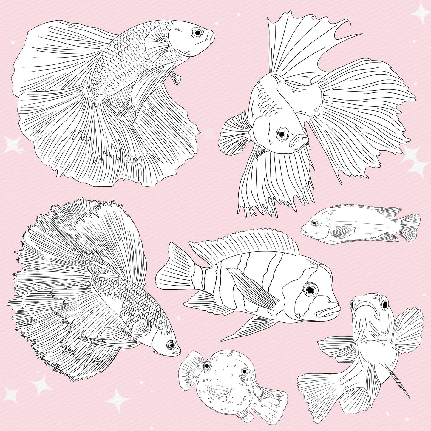 Procreate 및 Photoshop용 145개 물고기 및 바다 생물 브러시 - 잉어, 돌고래, 바다 세트
