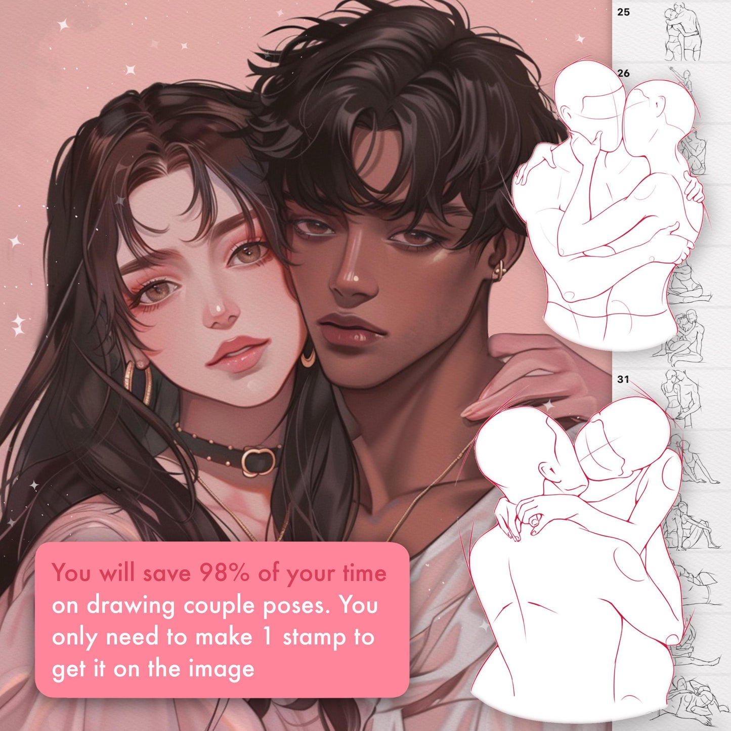 커플 포즈 브러시 – 발렌타인데이와 로맨틱한 예술을 위한 Procreate, Photoshop 및 Clip Studio 스탬프