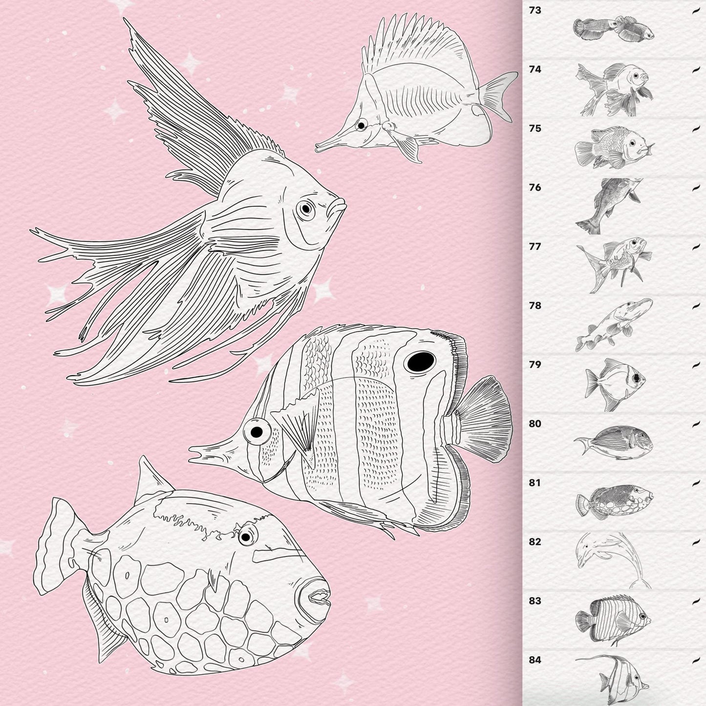 Procreate 및 Photoshop용 145개 물고기 및 바다 생물 브러시 - 잉어, 돌고래, 바다 세트