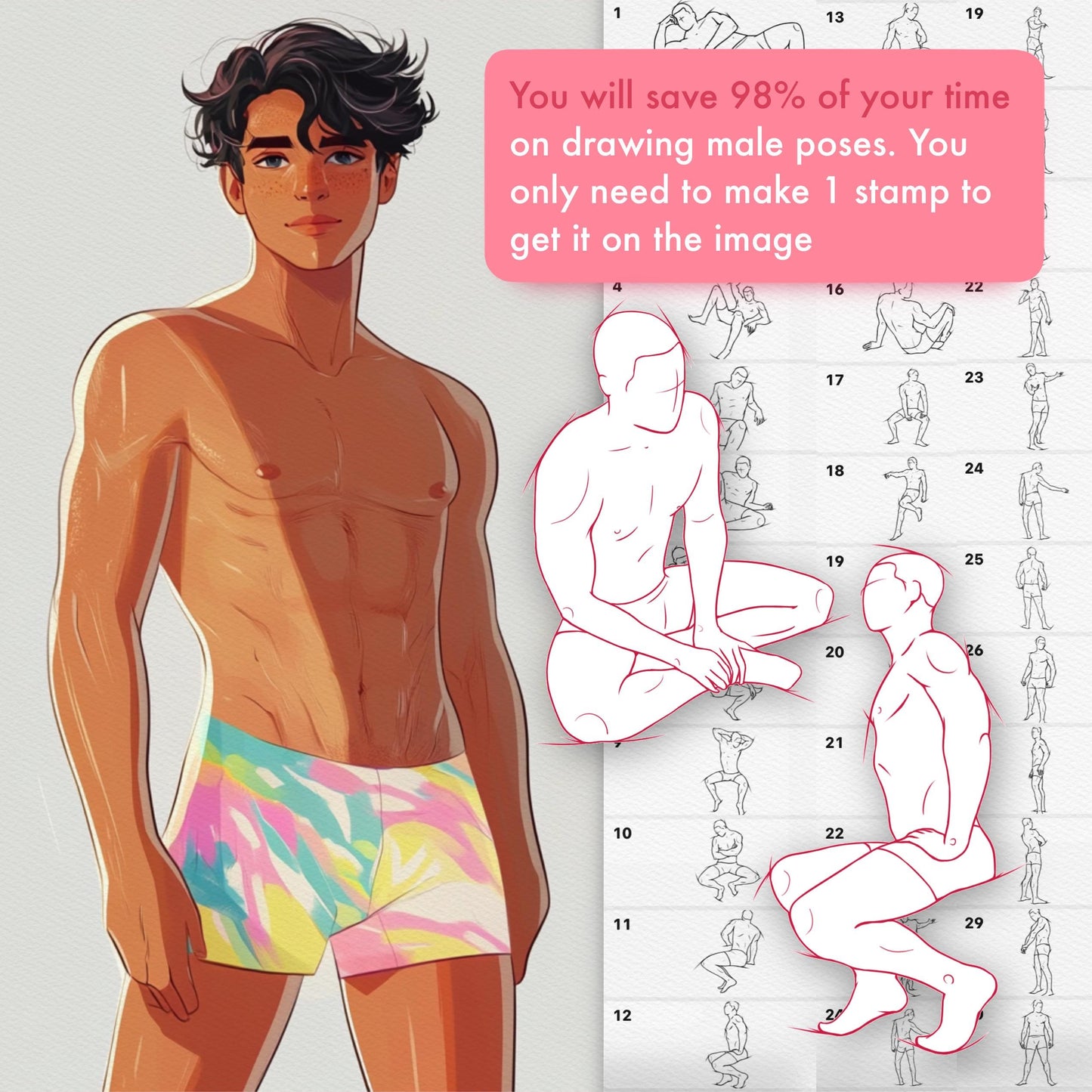 Procreate Male Brushes – Realistic Full-Body & Half-Body Stamps, Photoshop & Clip Studio Male Poses