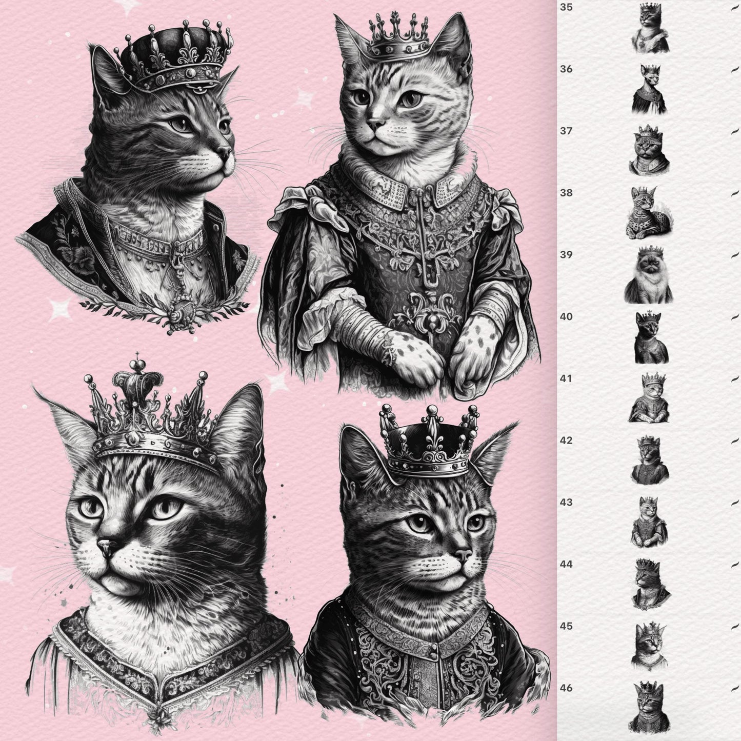 Procreate 고양이 브러시 – 포토샵 왕관을 쓴 왕실 고양이, 반려동물 초상화 및 문신 브러시, 클립 스튜디오 세트