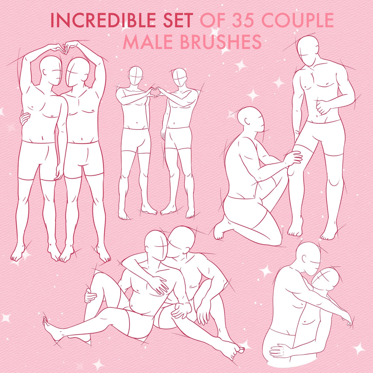 35 Male Pose & Couple Brushes for Procreate & Photoshop – Manga, Friends & Comic Set