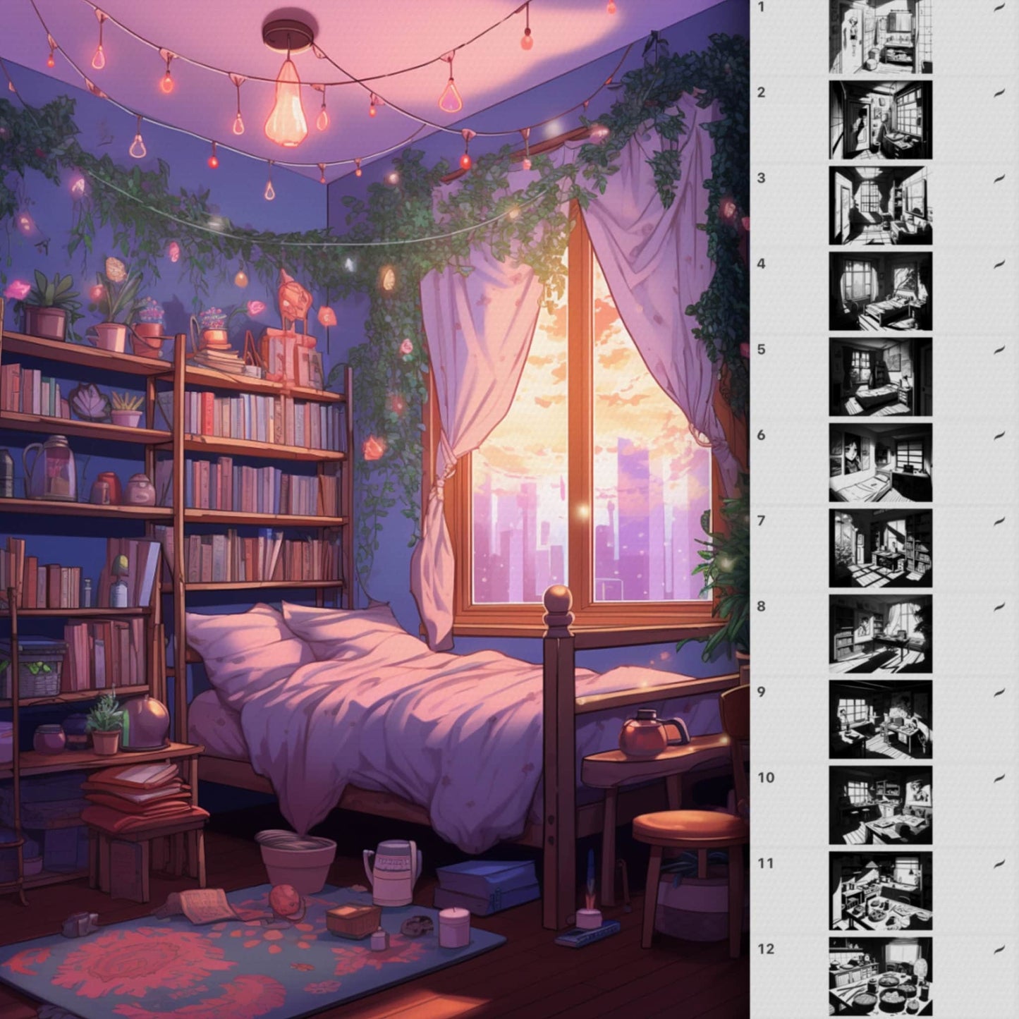 60 Interior & Manga Room Brushes for Procreate & Photoshop – Anime Background Set