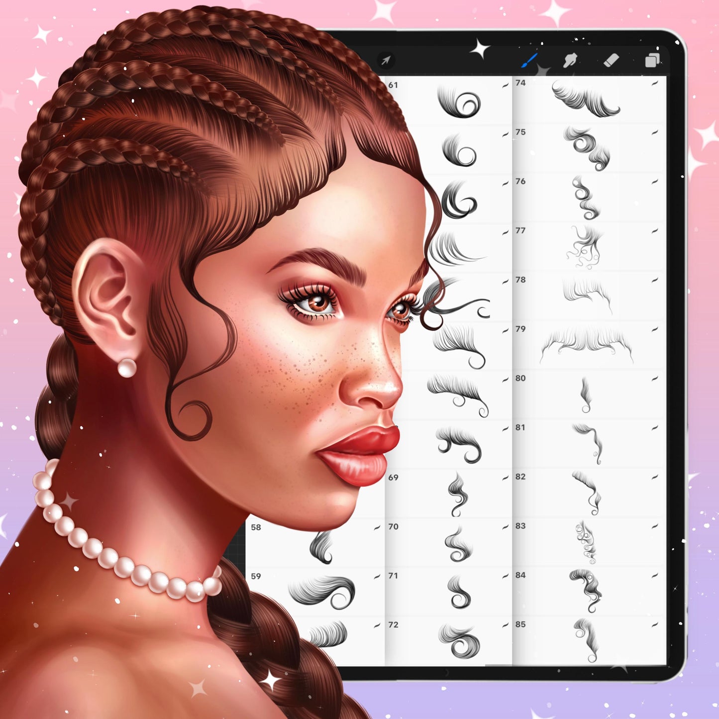 Hair & Portrait Brushes – Photoshop & Procreate Hairstyle Stamps Set