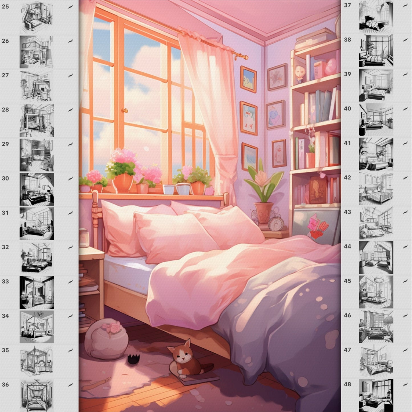 Procreate 침실 브러시 및 포토샵 인테리어 스탬프 – 침대, 가구 등