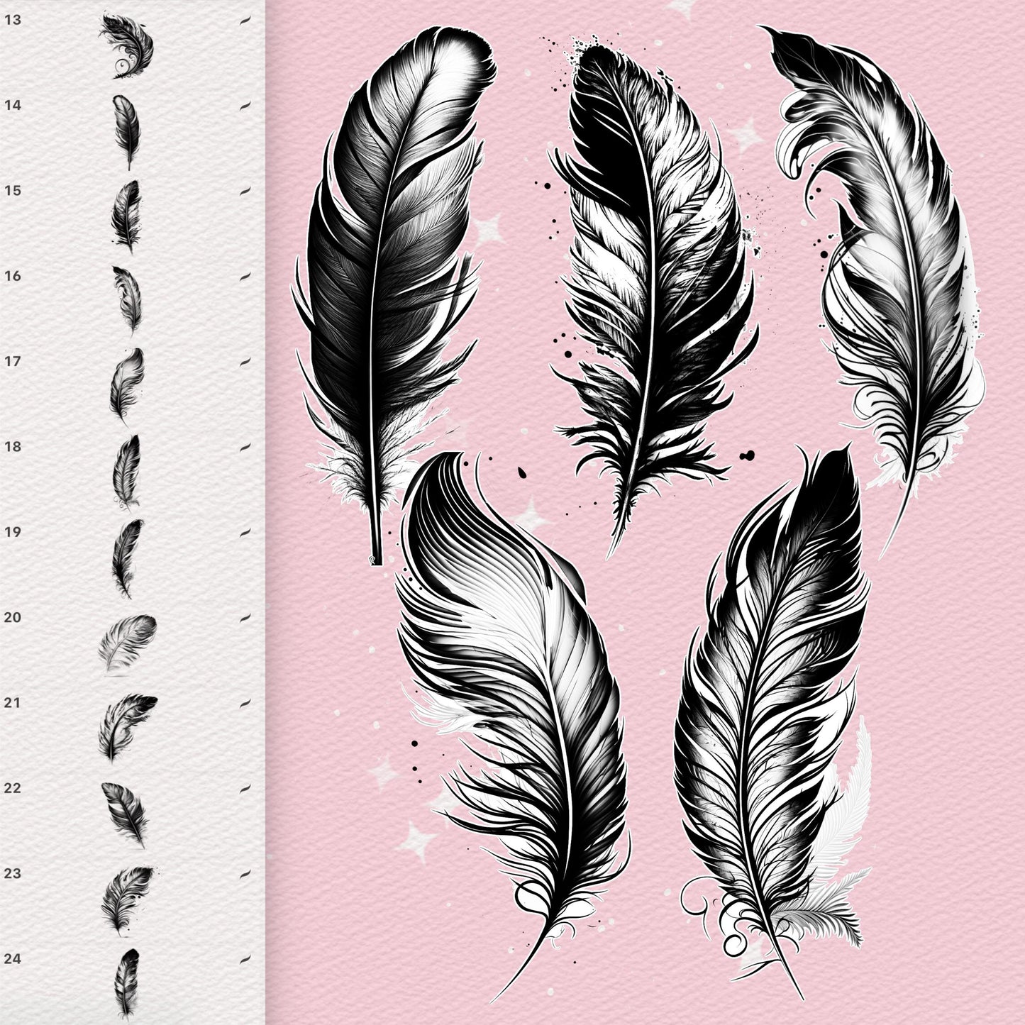 Feather Brushes for Procreate & Photoshop – Realistic Tattoo & Clip Studio Feather Brush Set