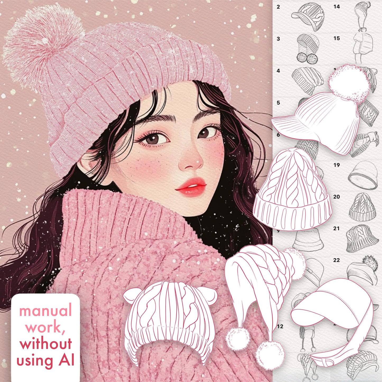 Procreate & Photoshop용 모자 & 패션 브러시 45개 - 여성 머리 장식 세트
