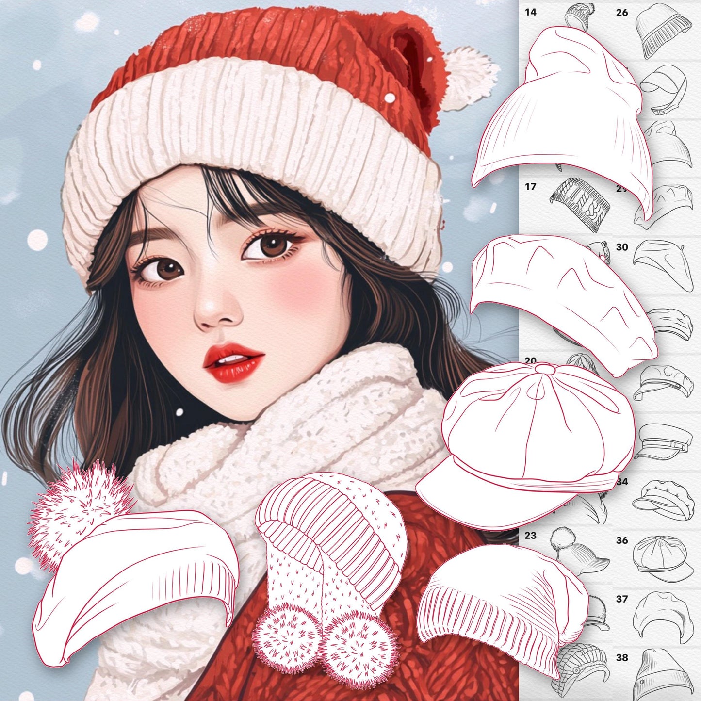 Procreate & Photoshop용 모자 & 패션 브러시 45개 - 여성 머리 장식 세트