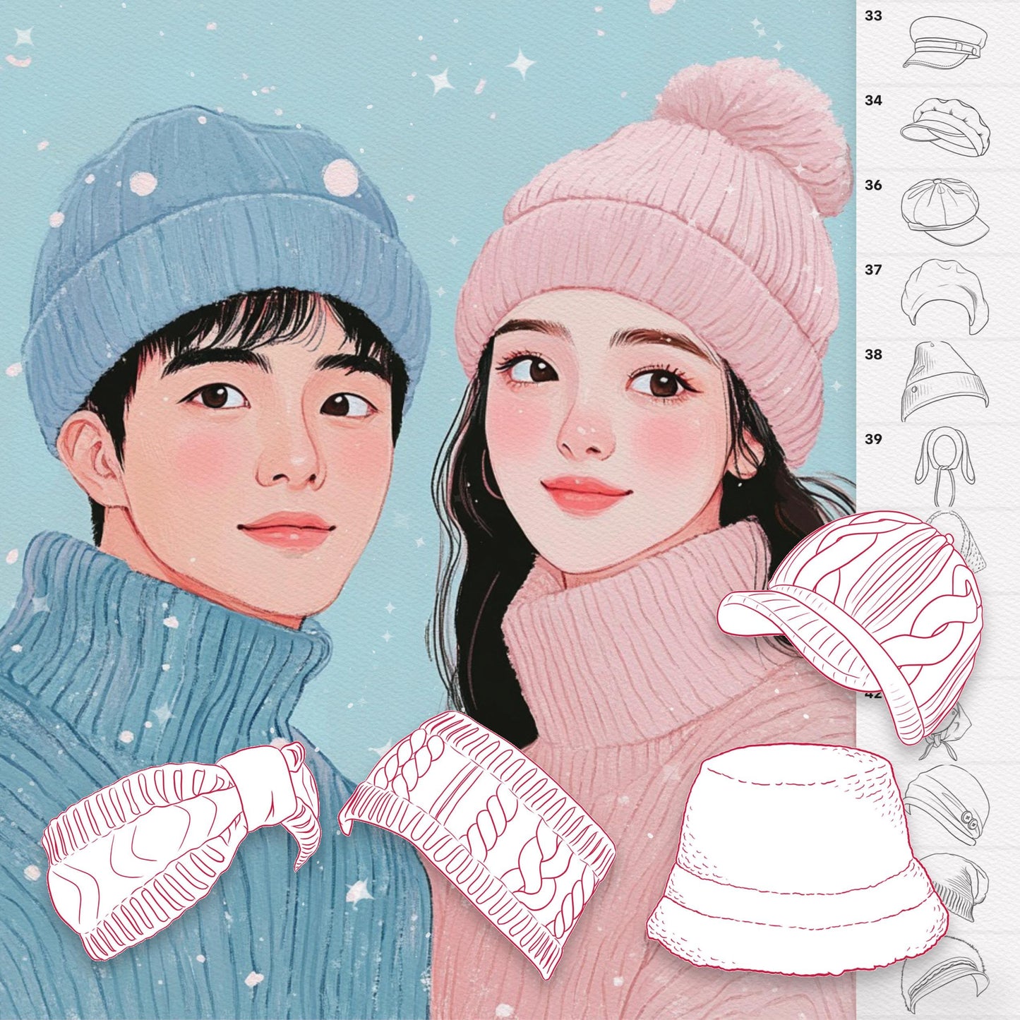 Procreate & Photoshop용 모자 & 패션 브러시 45개 - 여성 머리 장식 세트