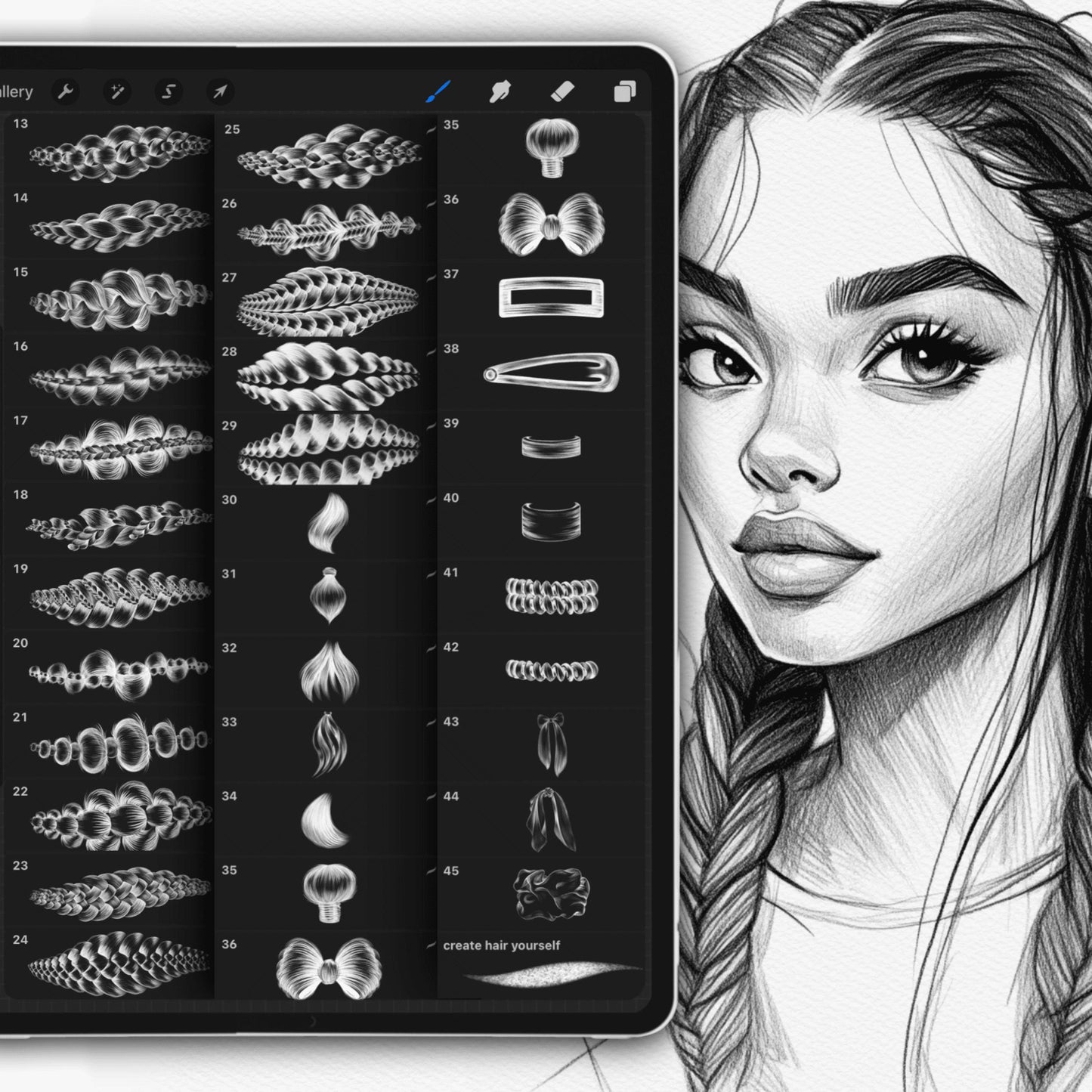 Procreate Hair, Braids & Pencil Brushes for Portraits
