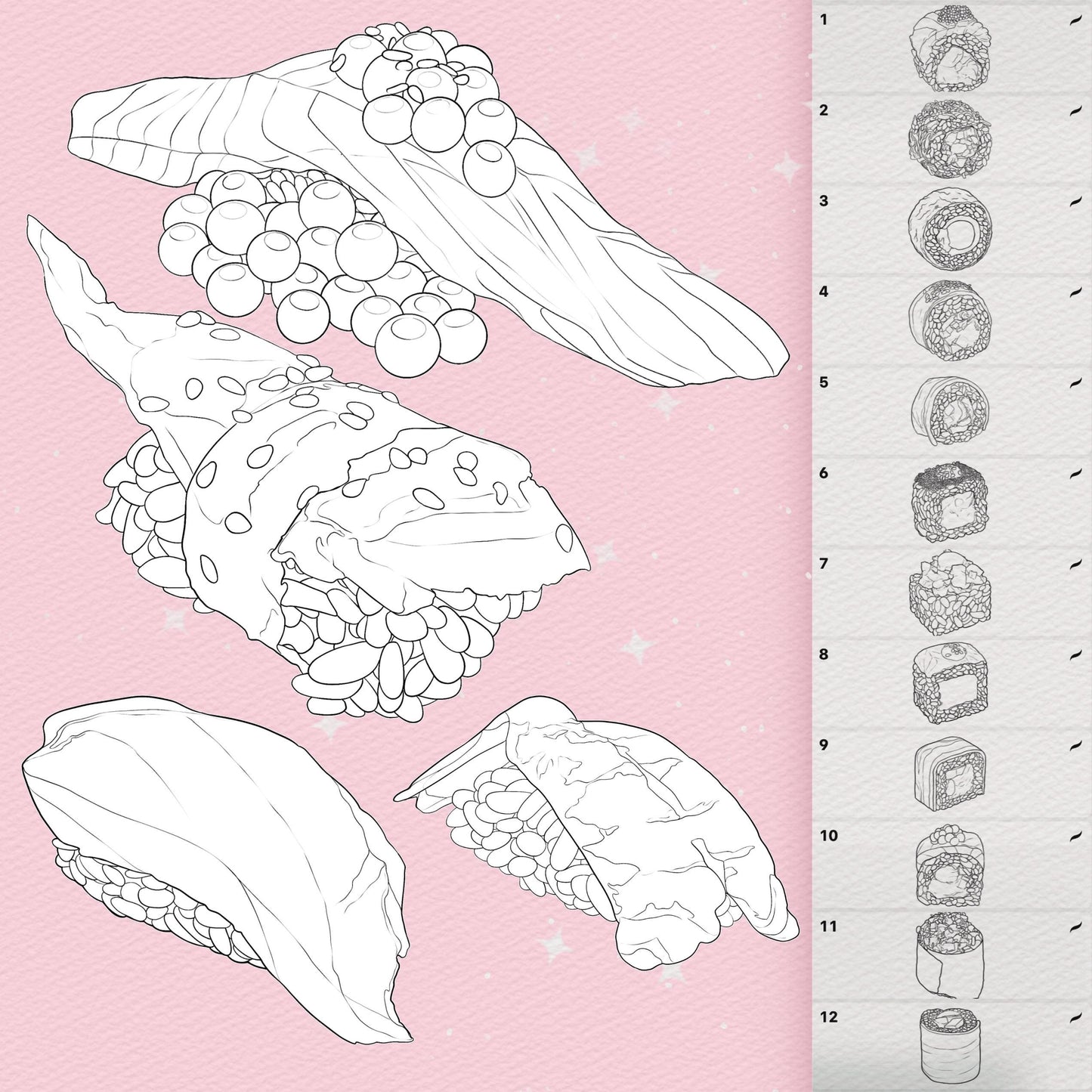 Procreate 스시 브러시 – 포토샵 일본 음식 & 롤 브러시 | 클립 스튜디오 밥 & 캐비어 브러시 세트