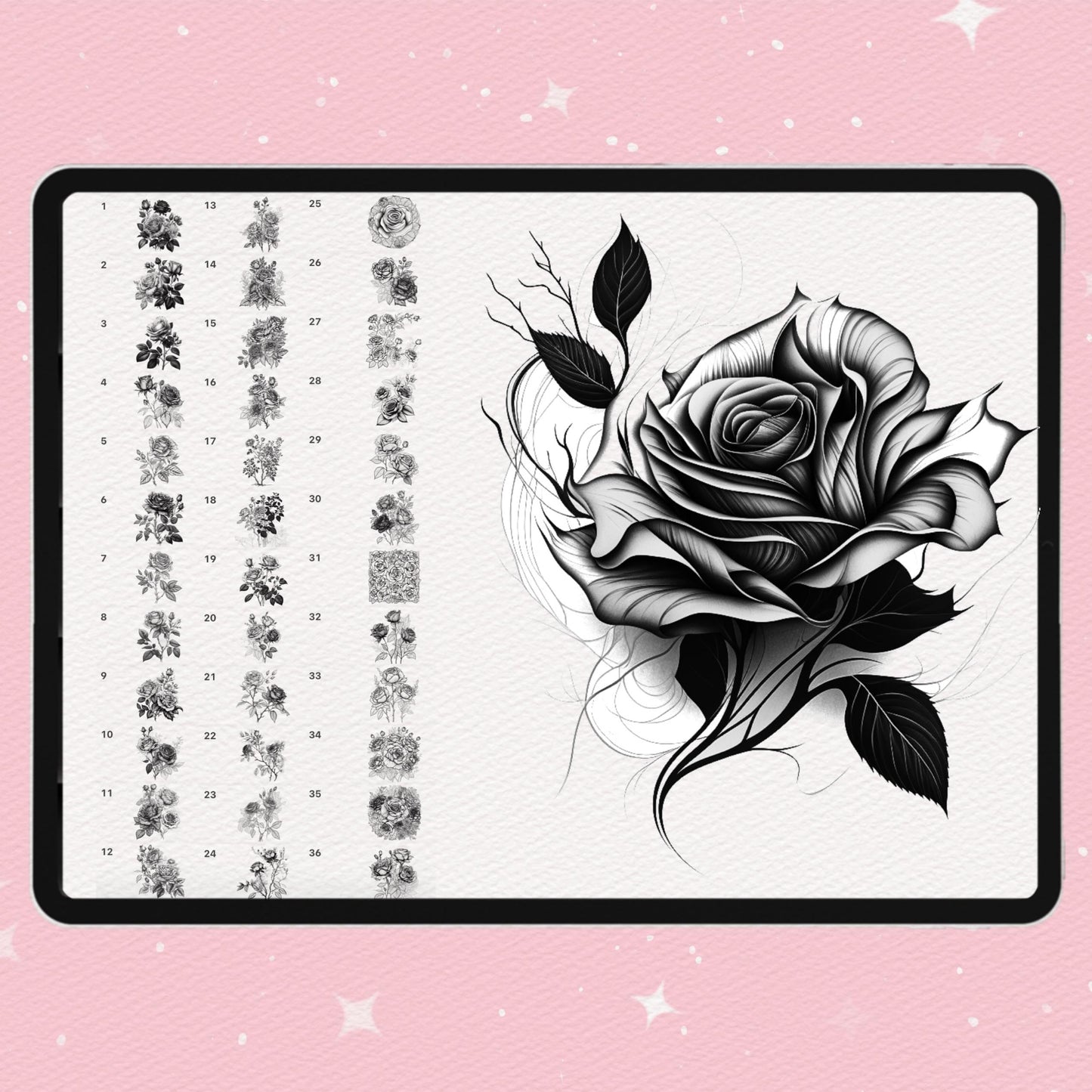 250 Flower Tattoo Brushes for Procreate & Photoshop – Roses, Peonies & More