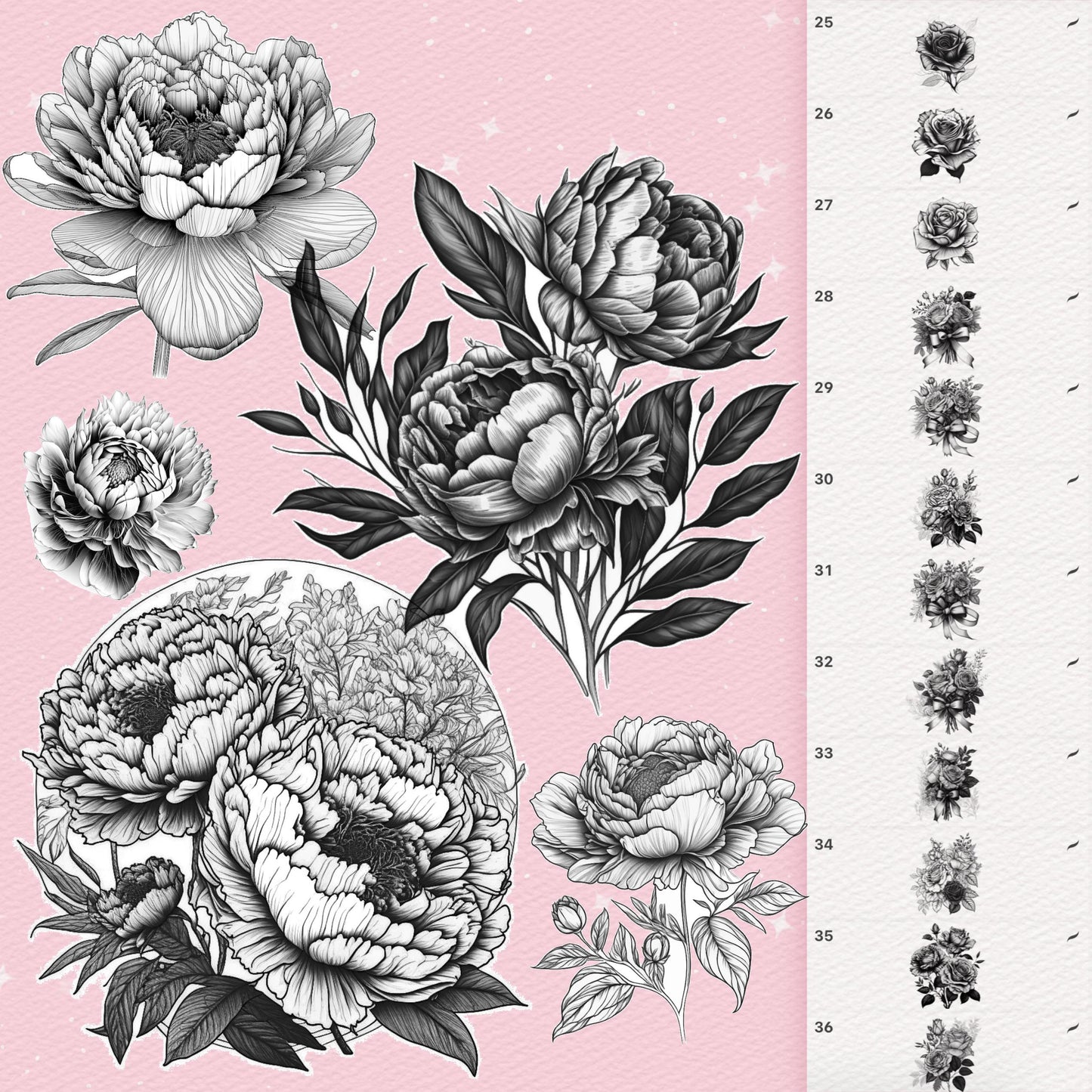 250 Flower Tattoo Brushes for Procreate & Photoshop – Roses, Peonies & More