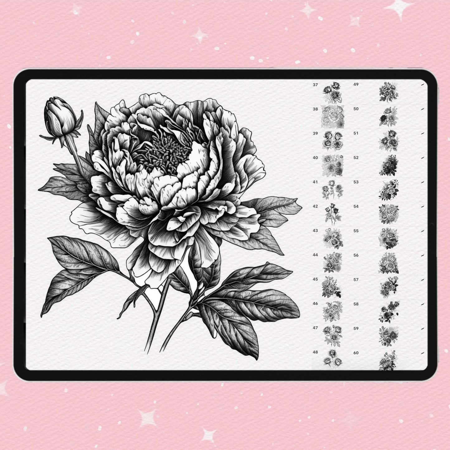 250 Flower Tattoo Brushes for Procreate & Photoshop – Roses, Peonies & More