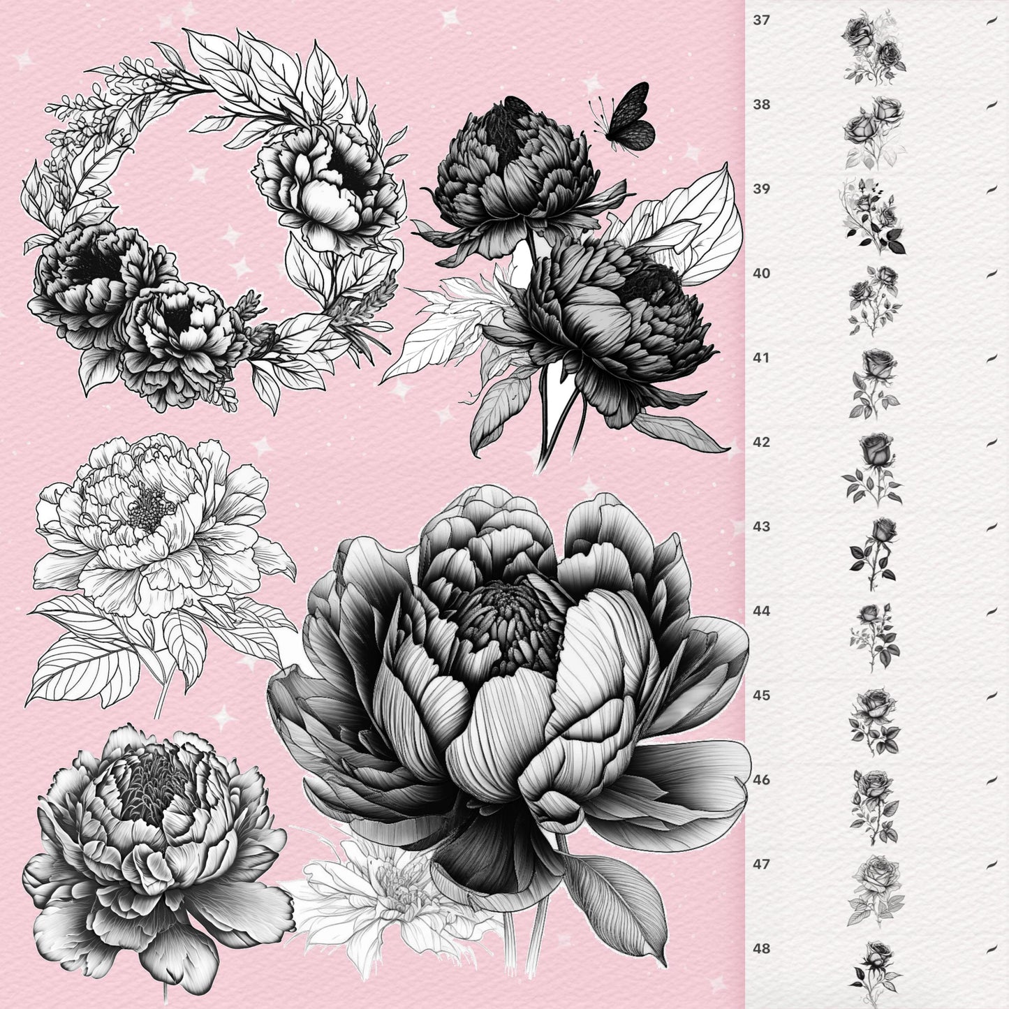 250 Flower Tattoo Brushes for Procreate & Photoshop – Roses, Peonies & More