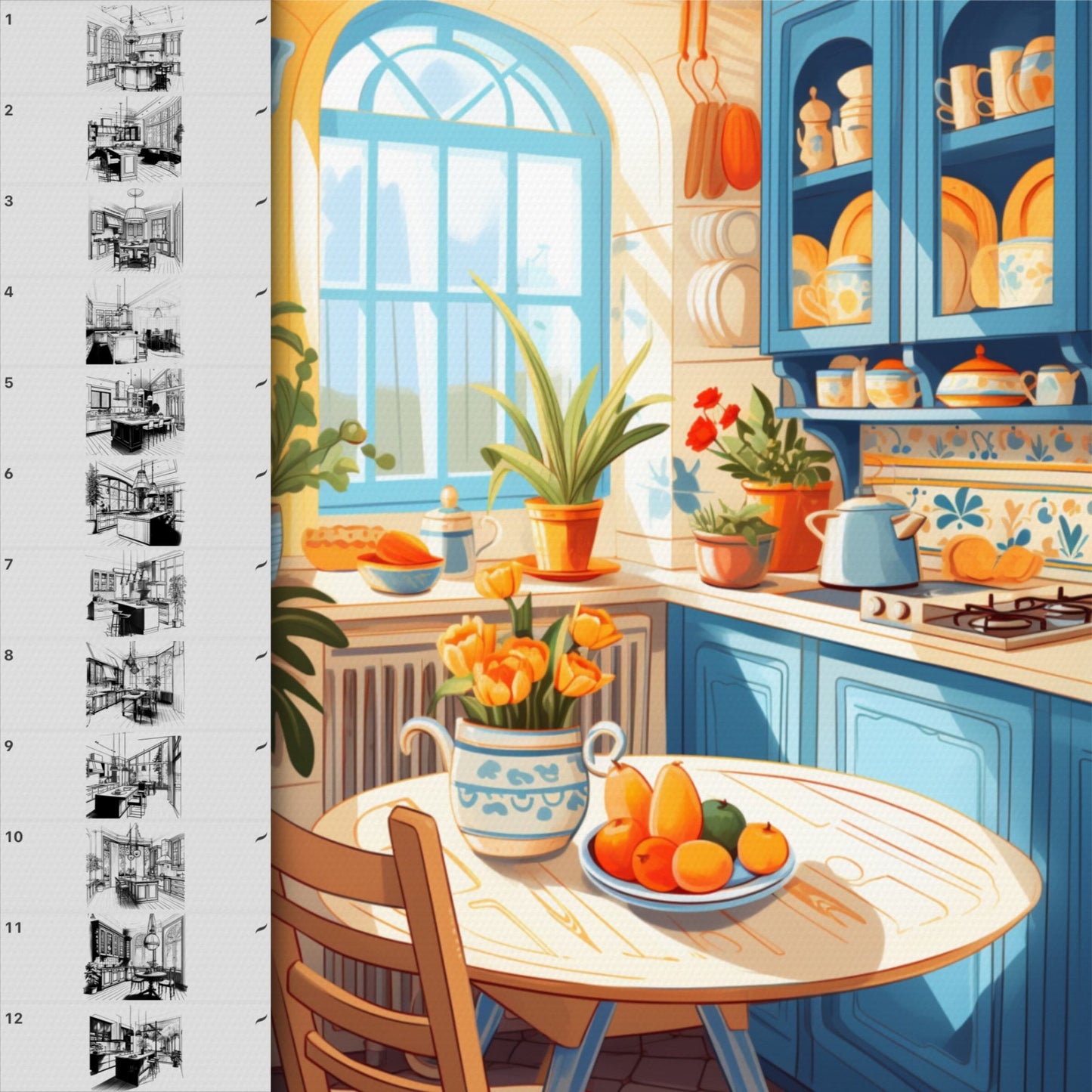 Procreate 및 Photoshop용 78개 인테리어 및 가구 브러시 - 객실 및 주방 세트