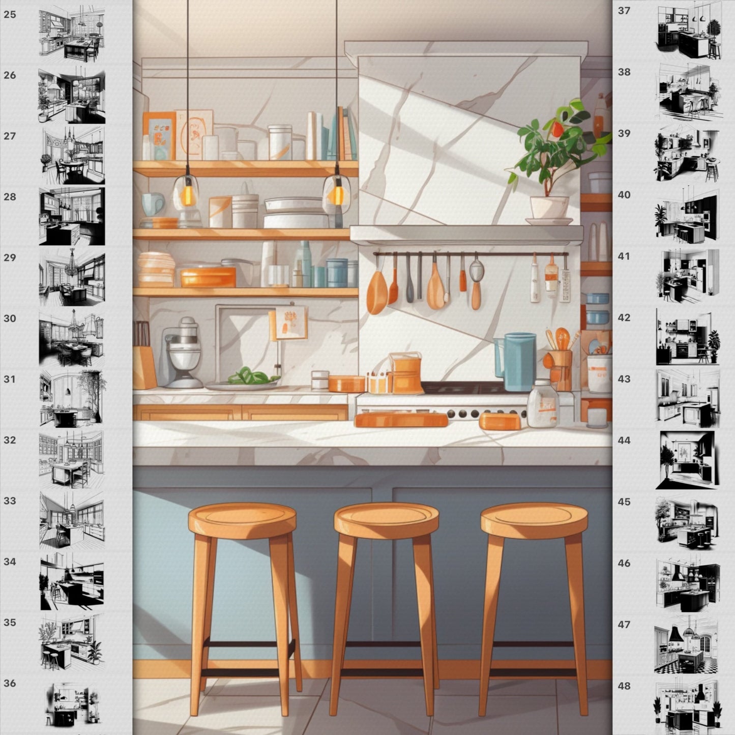 Procreate 및 Photoshop용 78개 인테리어 및 가구 브러시 - 객실 및 주방 세트