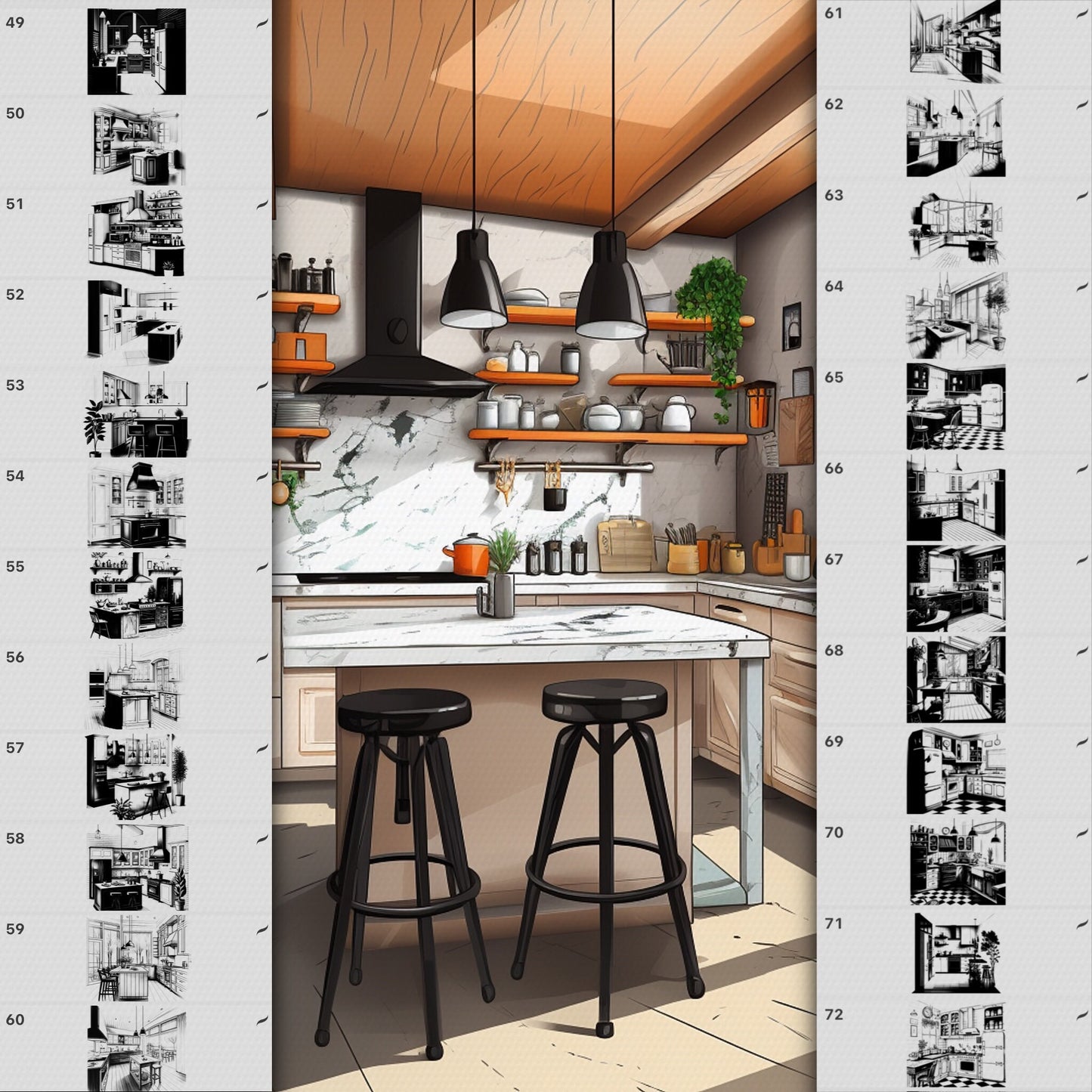 Procreate 및 Photoshop용 78개 인테리어 및 가구 브러시 - 객실 및 주방 세트