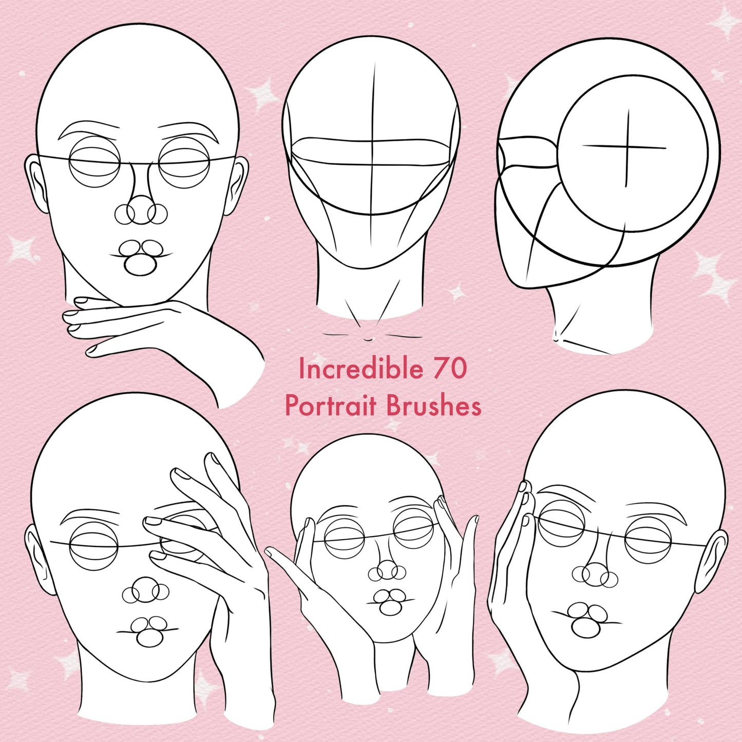 Procreate 및 Photoshop용 여성 초상화 및 얼굴 가이드 브러시 70개 - 머리 비율 세트