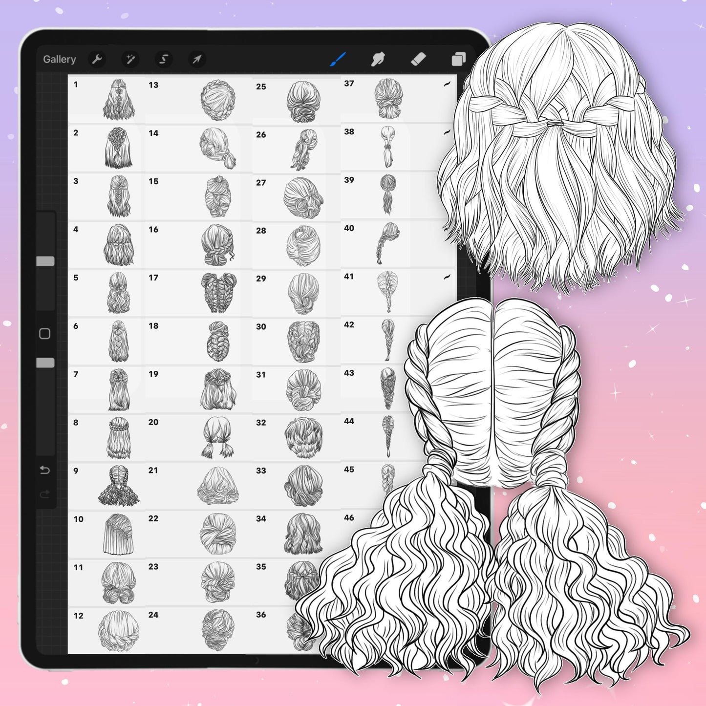 Procreate 헤어 브러시 – Photoshop, Clip Studio 및 Affinity Photo용 애니메이션 헤어 스타일 브러시
