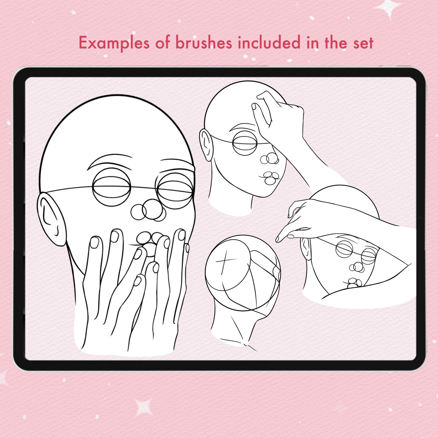 Procreate 및 Photoshop용 여성 초상화 및 얼굴 가이드 브러시 70개 - 머리 비율 세트