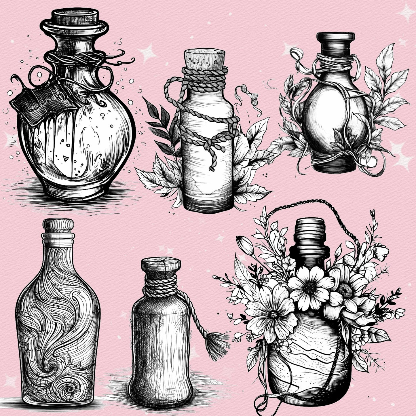 Photoshop Potion Bottles brushes. Photoshop Magic Potion Bottles, Mystic Spell Jar. Clip Studio tattoo brushes. Photoshop tattoo brushes