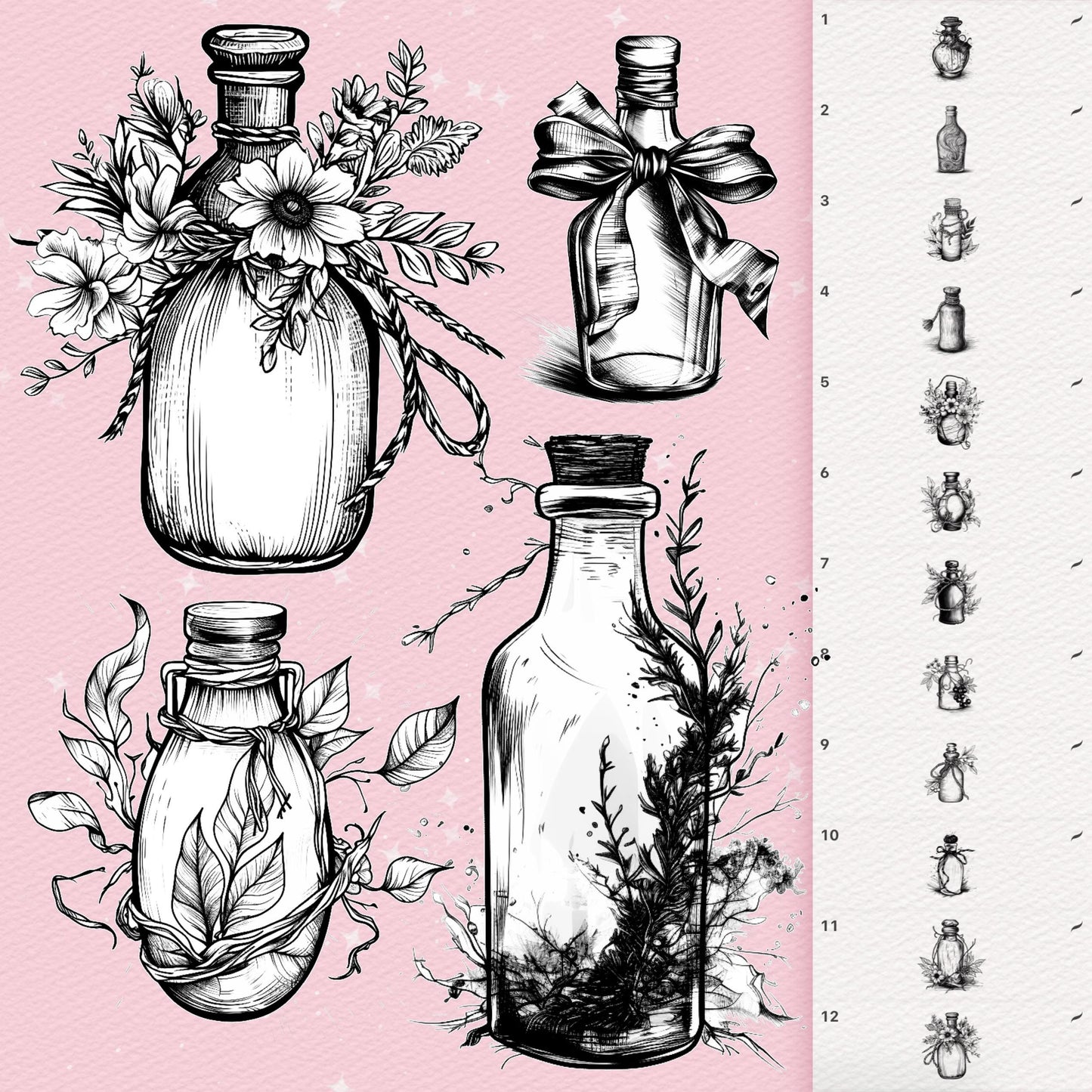 Photoshop Potion Bottles brushes. Photoshop Magic Potion Bottles, Mystic Spell Jar. Clip Studio tattoo brushes. Photoshop tattoo brushes