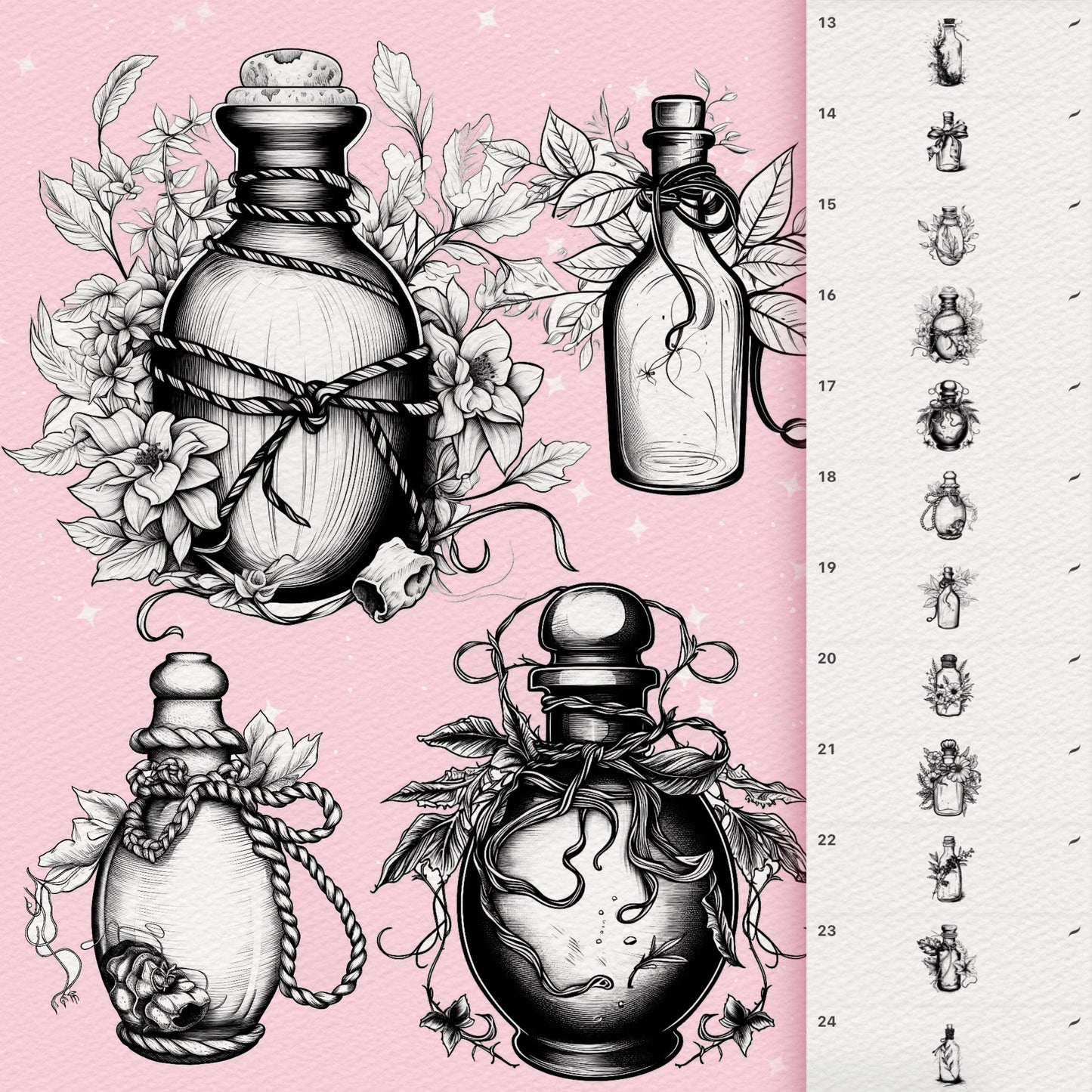 Photoshop Potion Bottles brushes. Photoshop Magic Potion Bottles, Mystic Spell Jar. Clip Studio tattoo brushes. Photoshop tattoo brushes