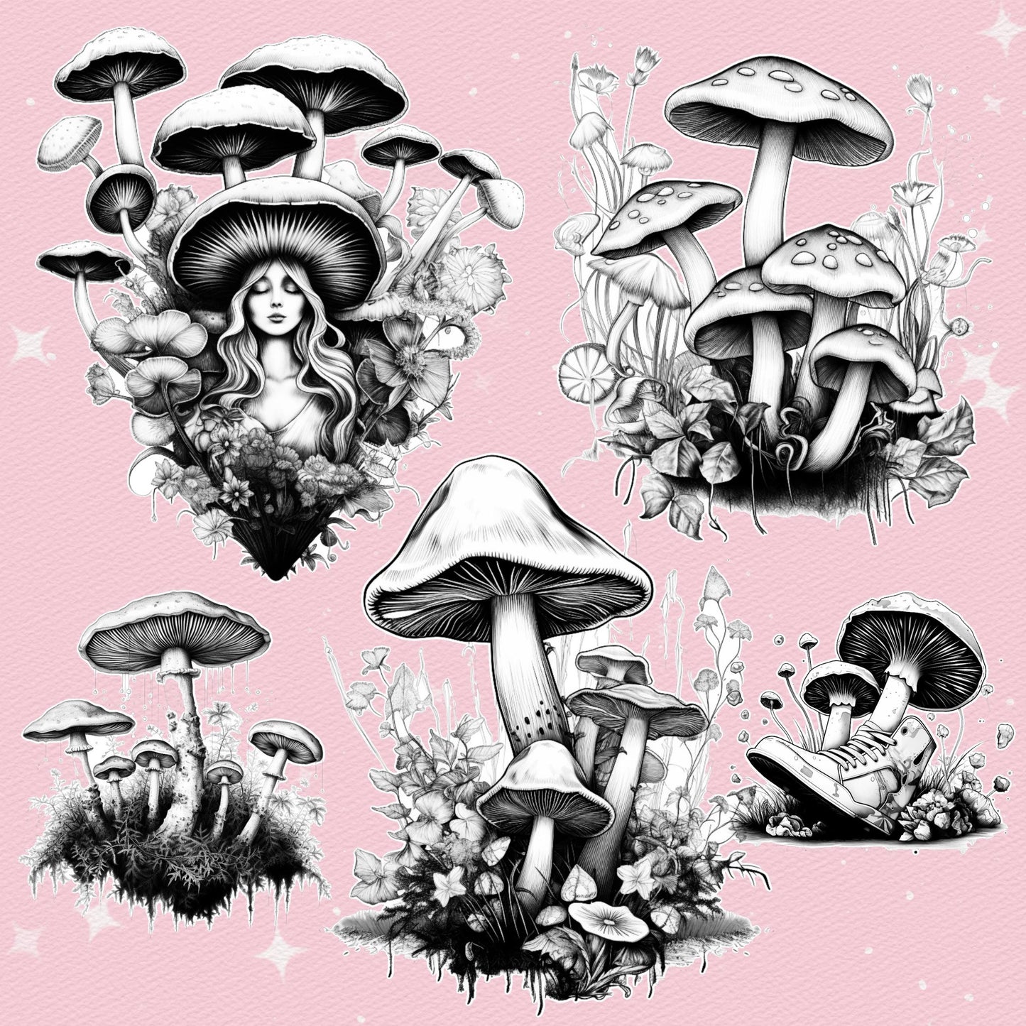 30 Tattoo Mushroom Brushes for Procreate & Photoshop – Vintage Botanical Style