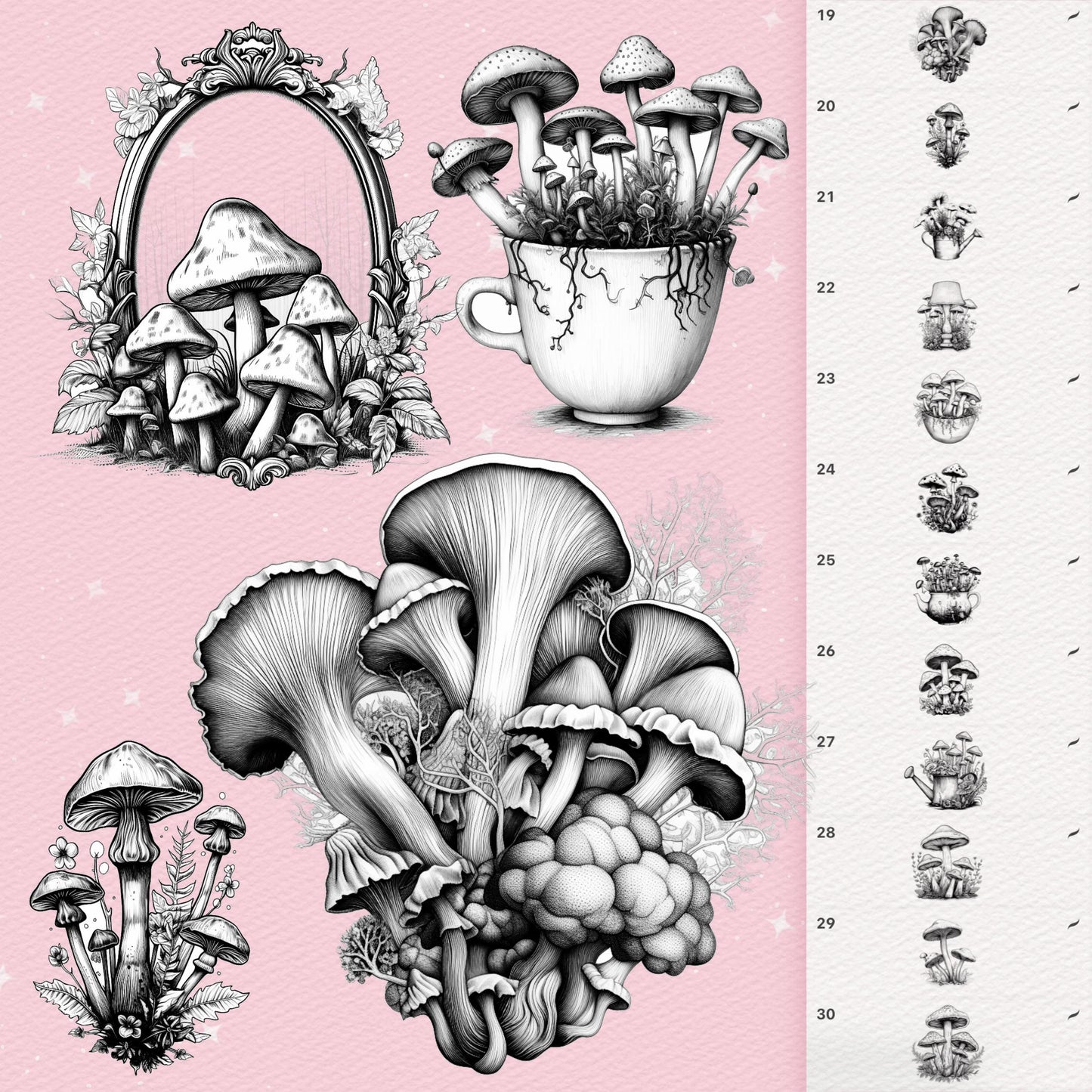 30 Tattoo Mushroom Brushes for Procreate & Photoshop – Vintage Botanical Style