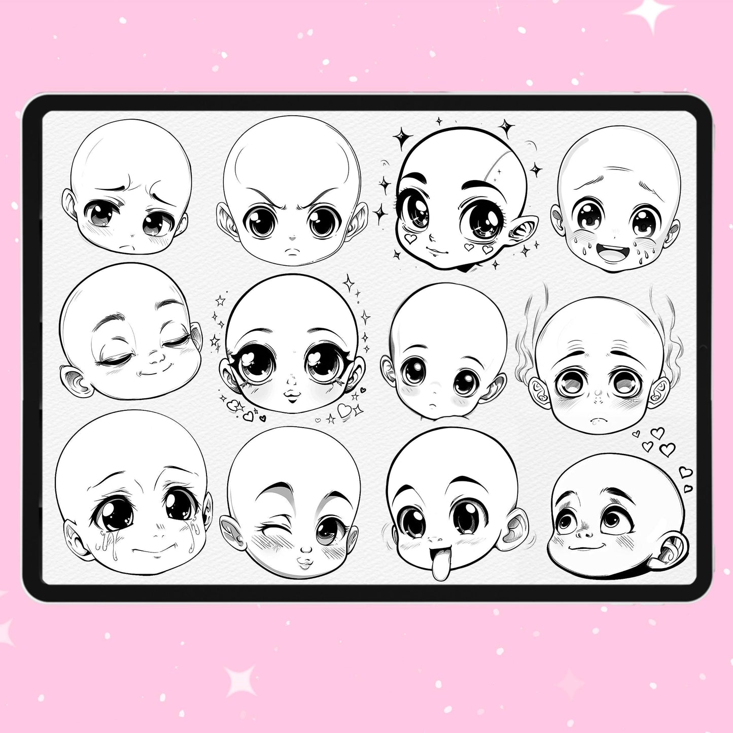 Procreate 및 Photoshop용 치비 이모트 및 이모트 헤드 브러시 - 만화 표현 세트