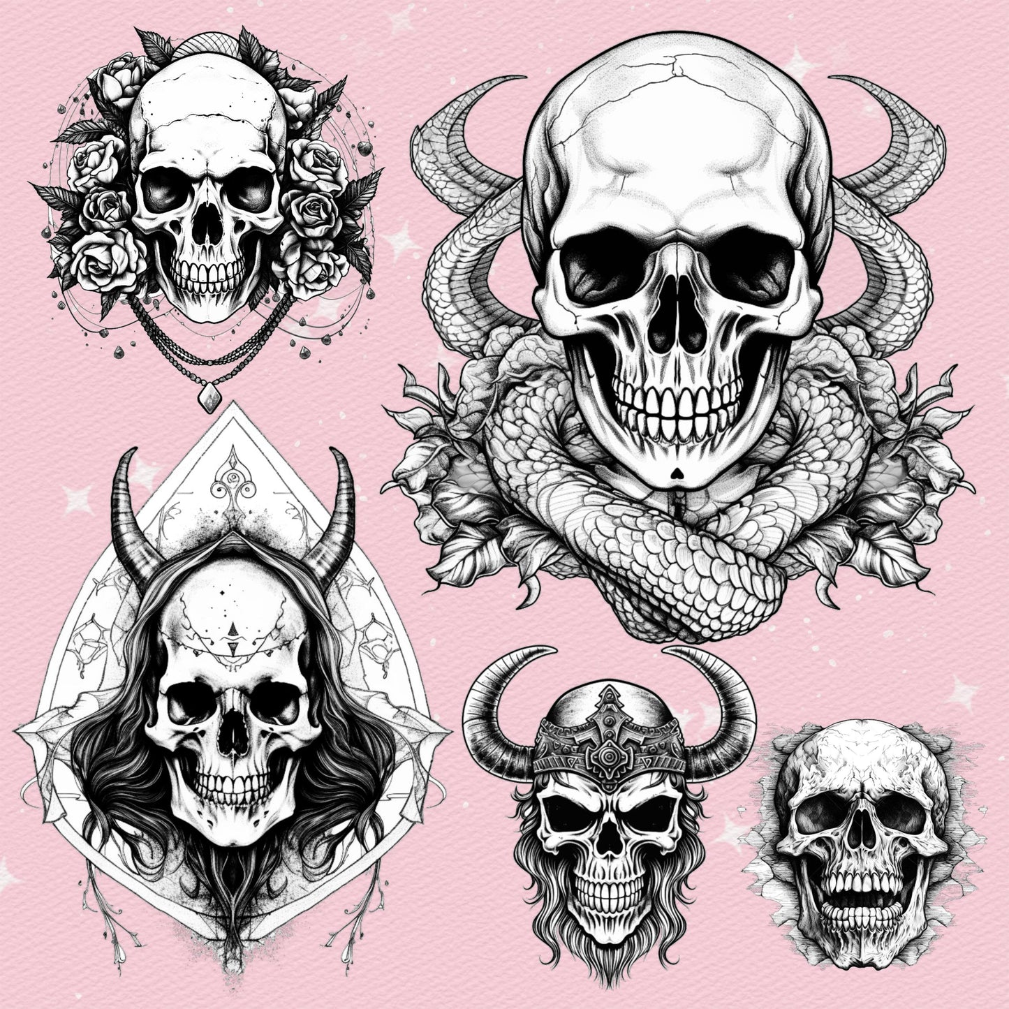Procreate 및 Photoshop용 400개의 사실적인 문신 브러시 - 해골, 꽃, 버섯, 물약