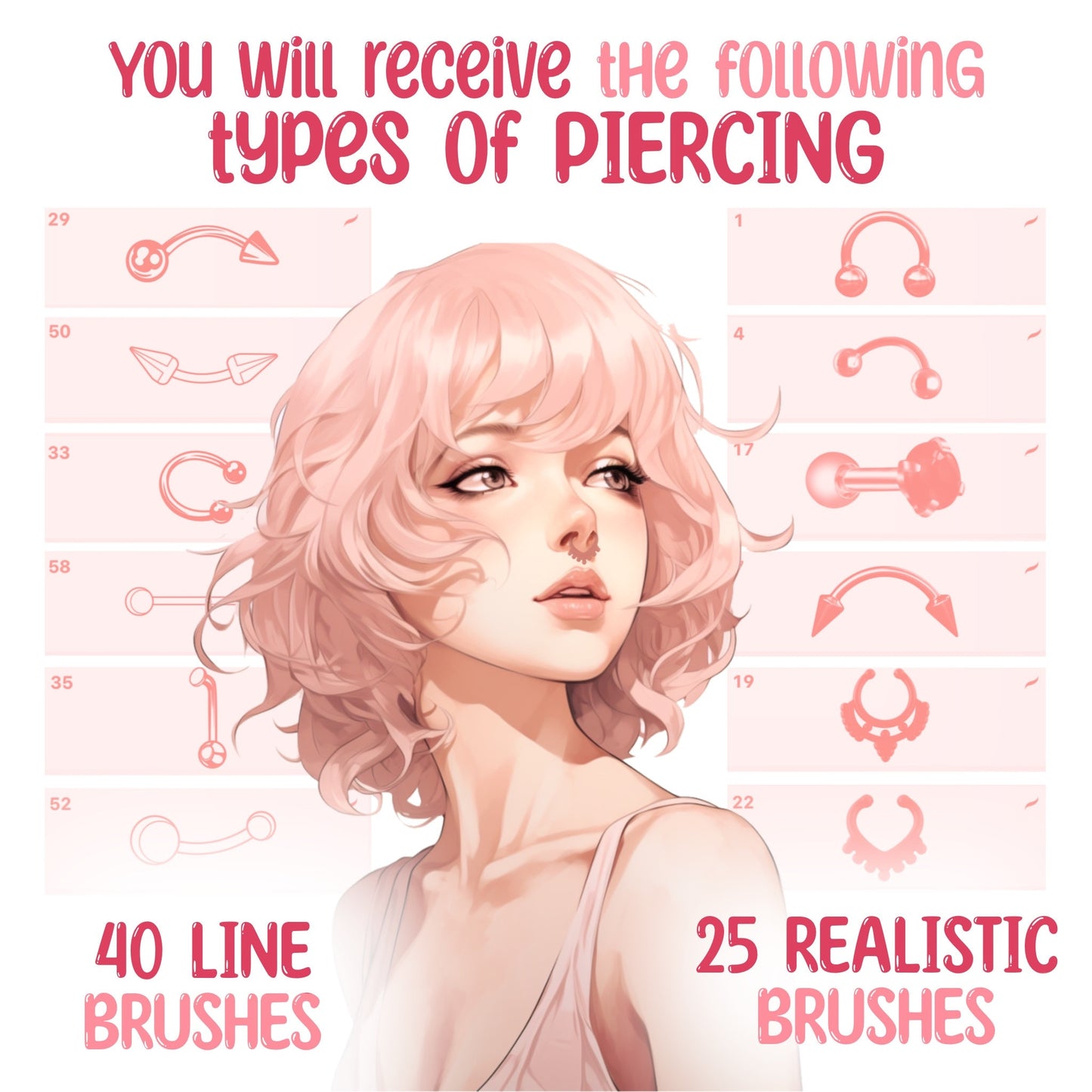 Female Portrait Brushes with Piercing & Jewelry – Procreate Makeup Set