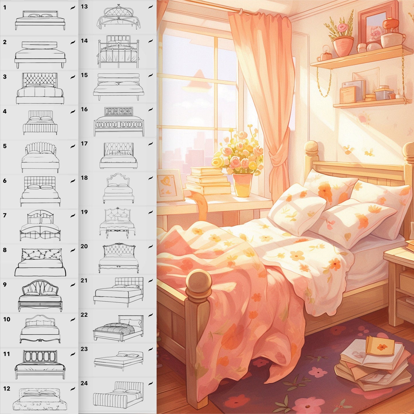 Procreate & Photoshop용 110개 침대 & 소파 브러시 - 침실 & 인테리어 세트