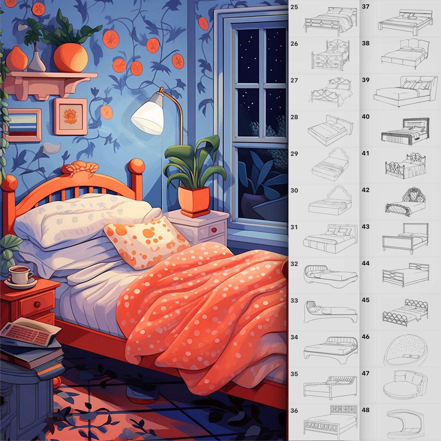 Procreate & Photoshop용 110개 침대 & 소파 브러시 - 침실 & 인테리어 세트