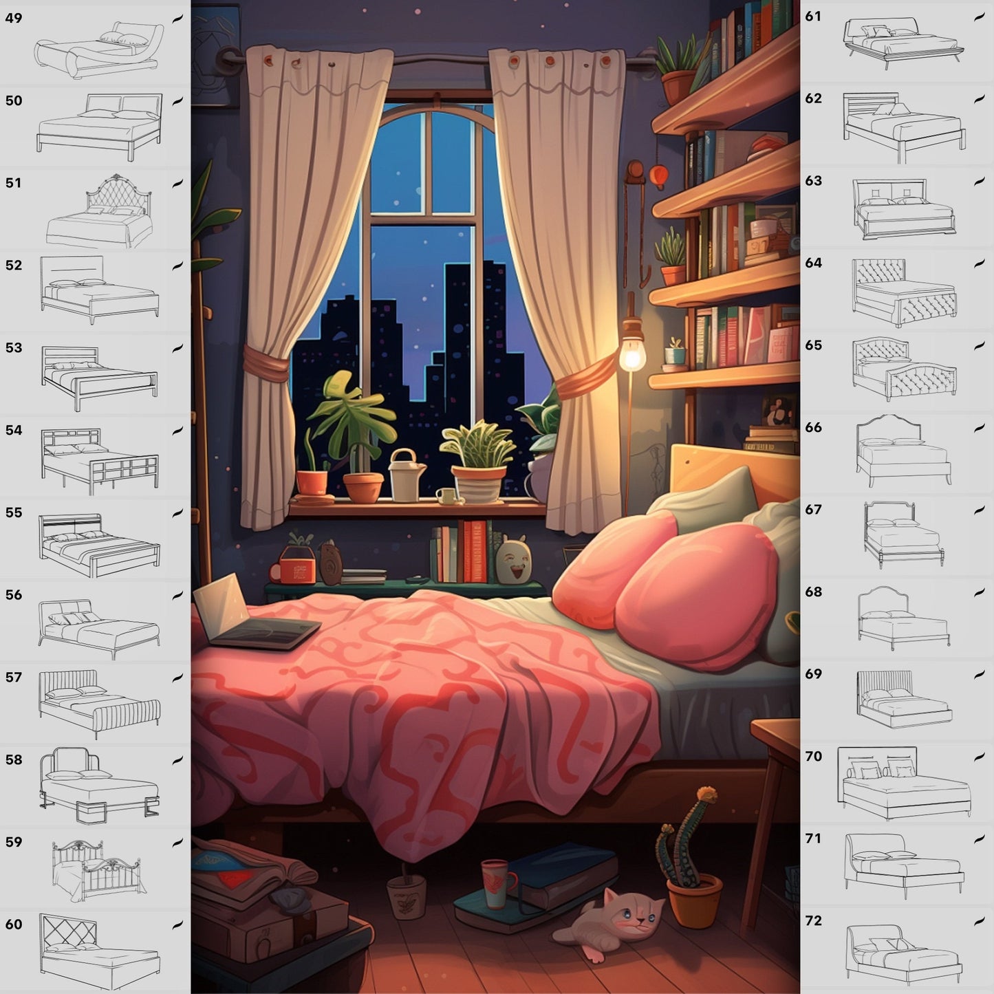 Procreate & Photoshop용 110개 침대 & 소파 브러시 - 침실 & 인테리어 세트