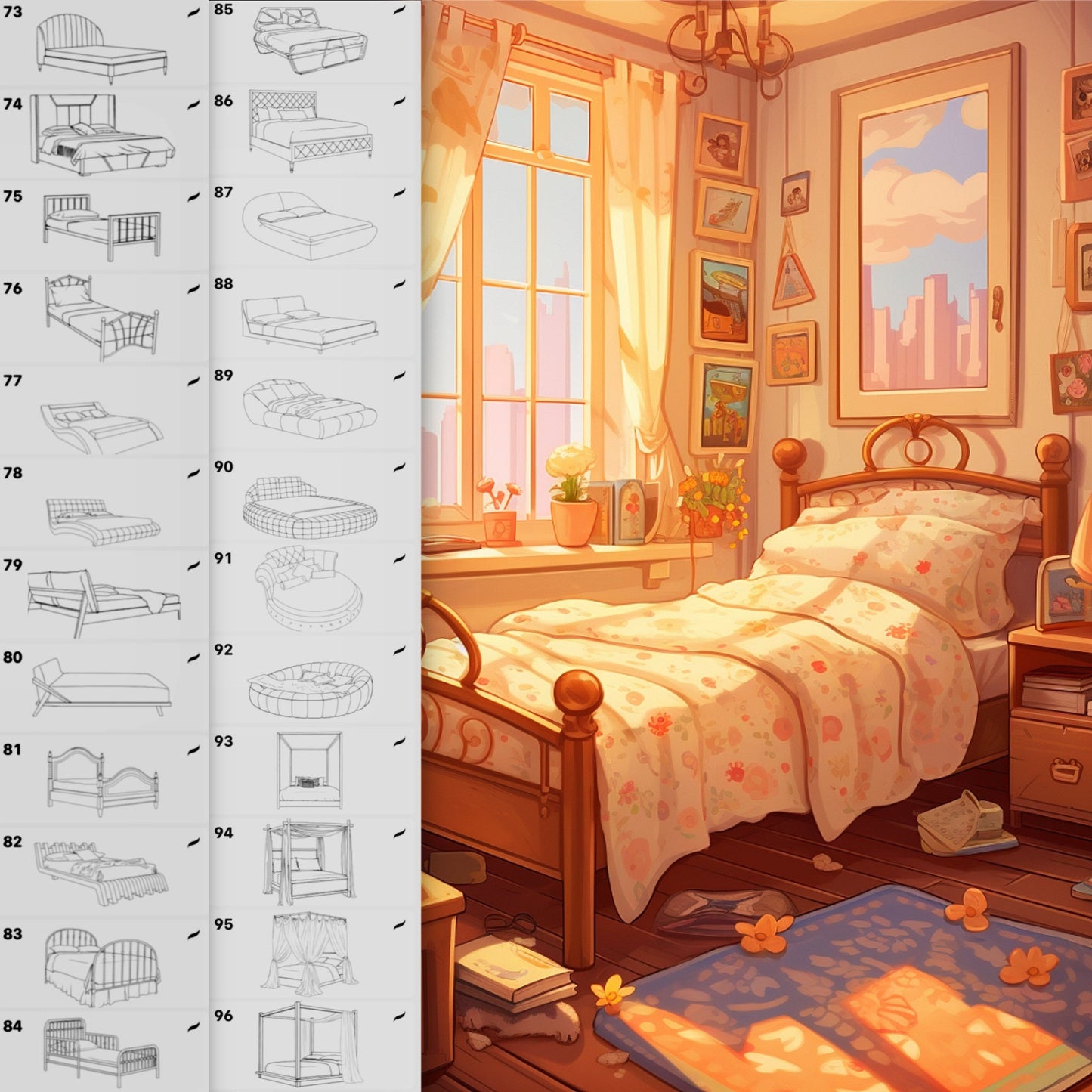 Procreate & Photoshop용 110개 침대 & 소파 브러시 - 침실 & 인테리어 세트