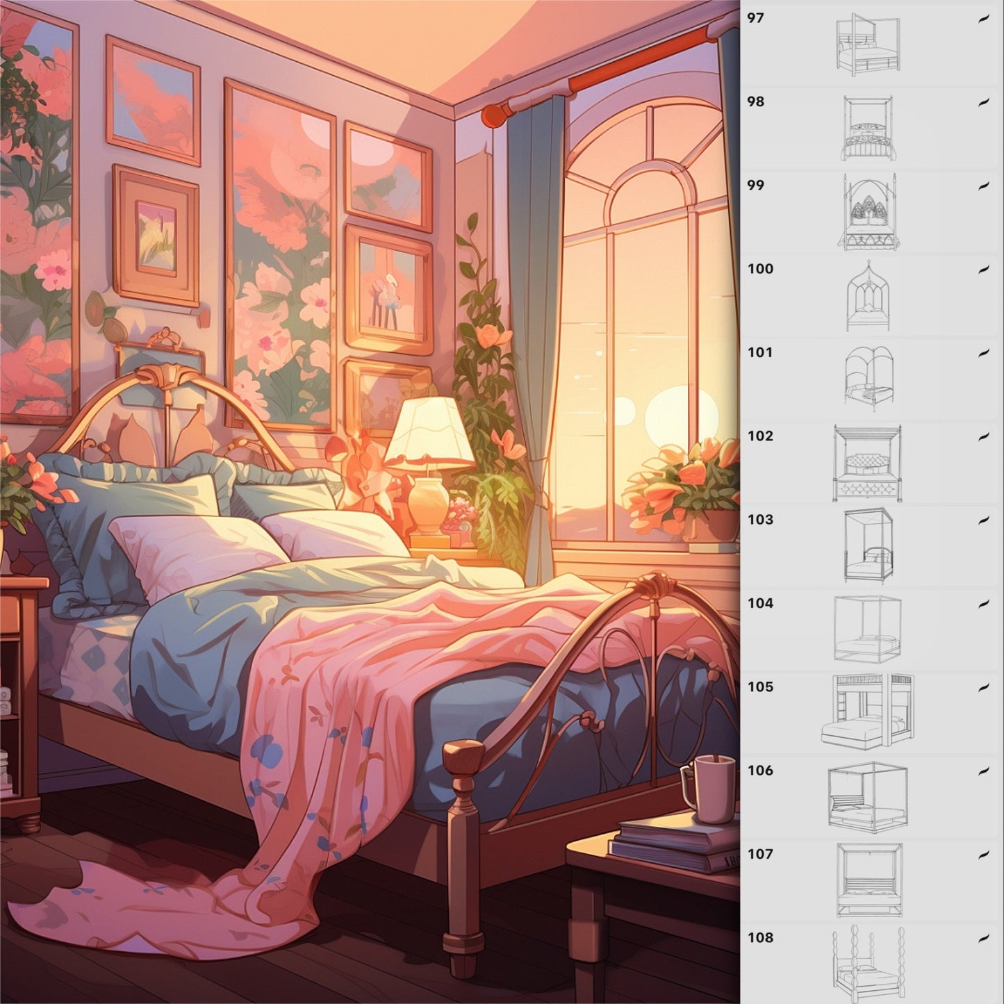 Procreate & Photoshop용 110개 침대 & 소파 브러시 - 침실 & 인테리어 세트
