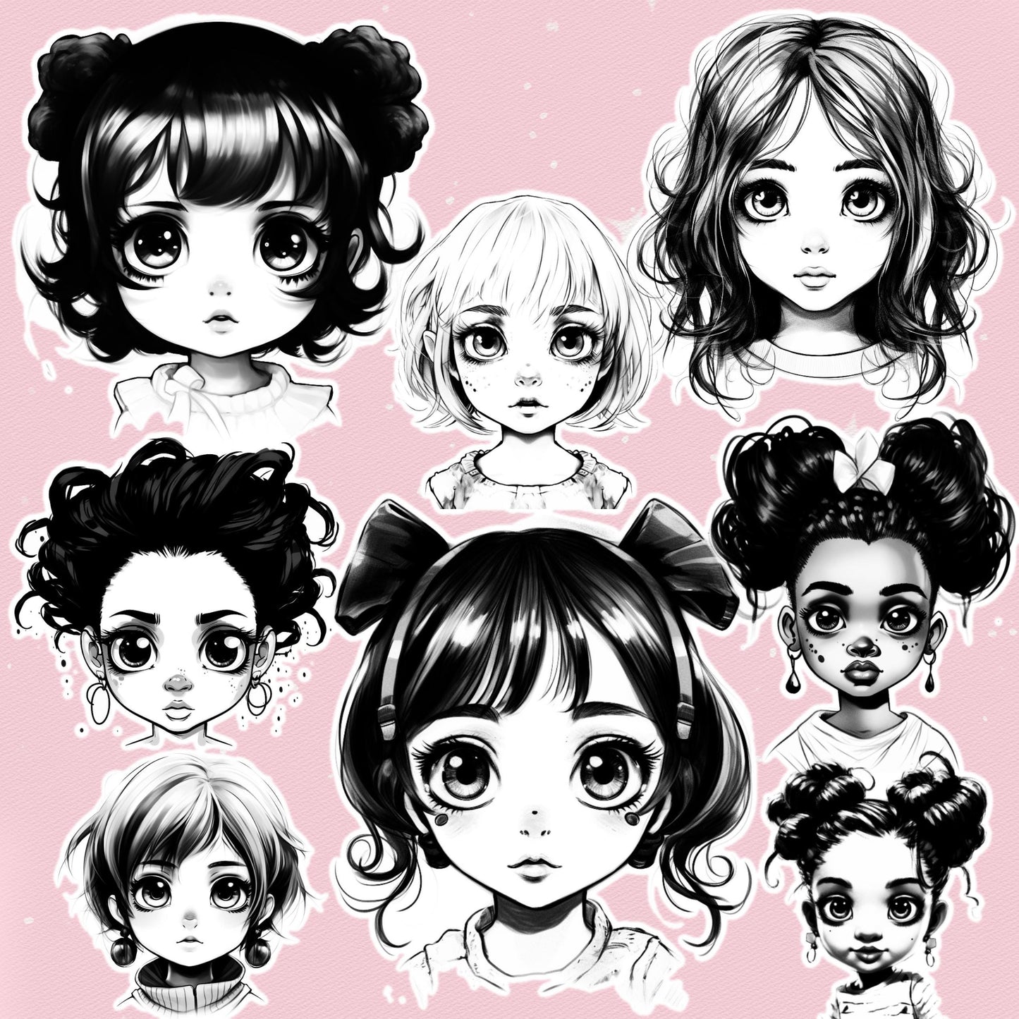 Procreate 및 Photoshop용 치비 & 애니메이션 소녀 브러시 - 만화 초상화 세트