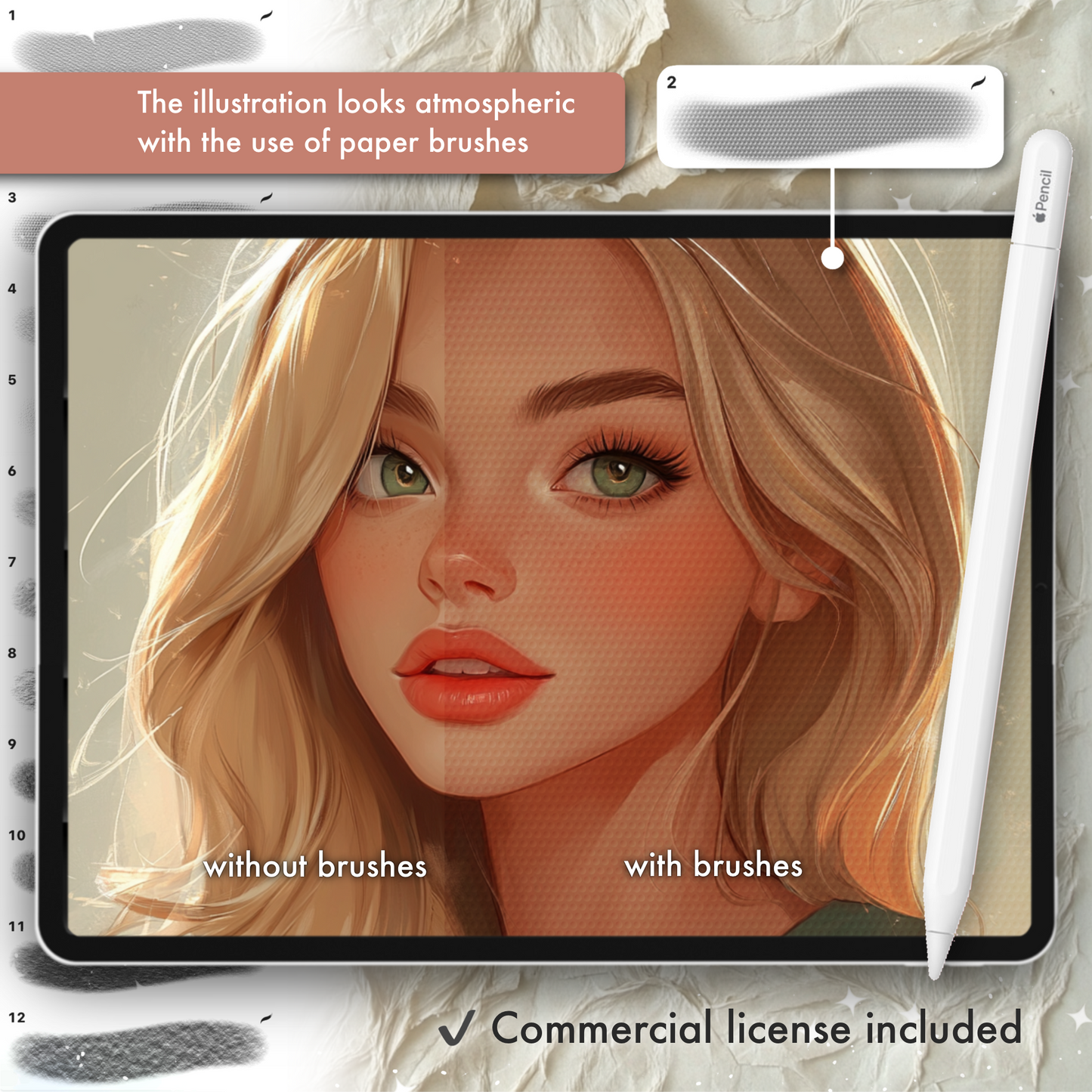 Procreate &amp; Photoshop 종이 질감 브러시. 사실적인 스토리북 수채화 스케치북