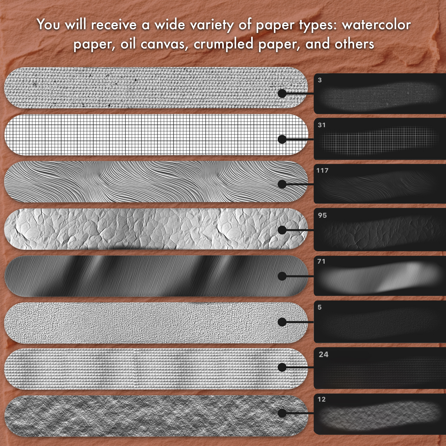 Procreate &amp; Photoshop 종이 질감 브러시. 사실적인 스토리북 수채화 스케치북