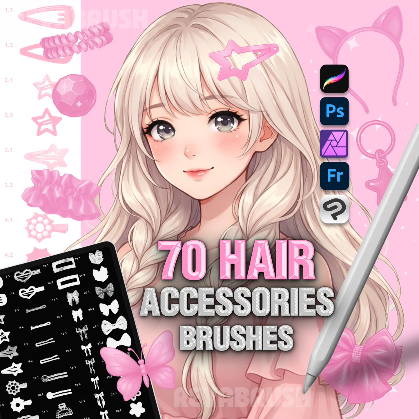 Procreate, Photoshop 및 Clip Studio용 헤어 쥬얼리 브러시 컬렉션