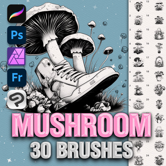 30 Tattoo Mushroom Brushes for Procreate & Photoshop – Vintage Botanical Style