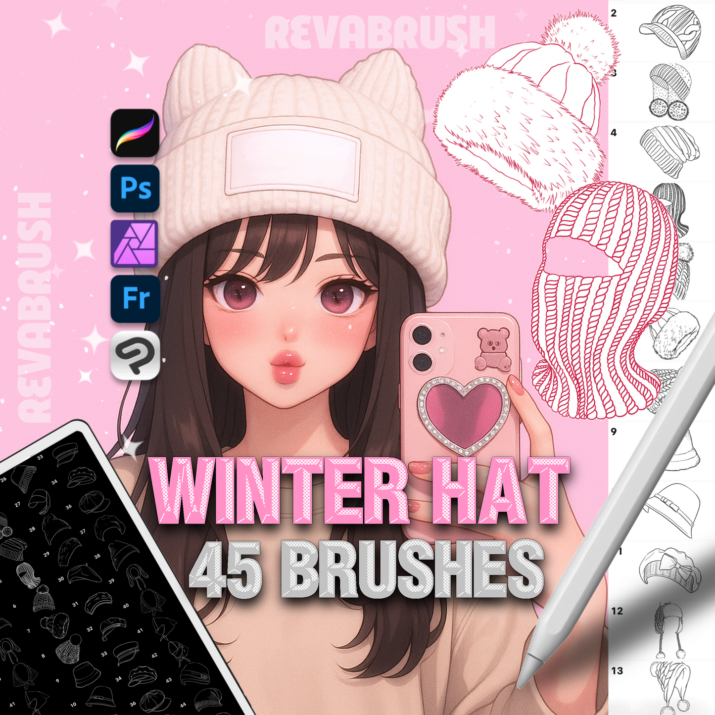 Procreate &amp; Photoshop용 모자 &amp; 패션 브러시 45개 - 여성 머리 장식 세트