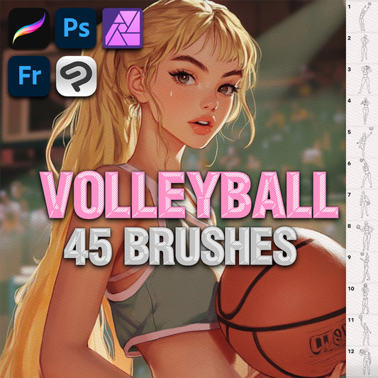 배구 및 농구 포즈 브러시 – Procreate, Photoshop 및 Clip Studio Dynamic 세트, 45개 스포츠 브러시