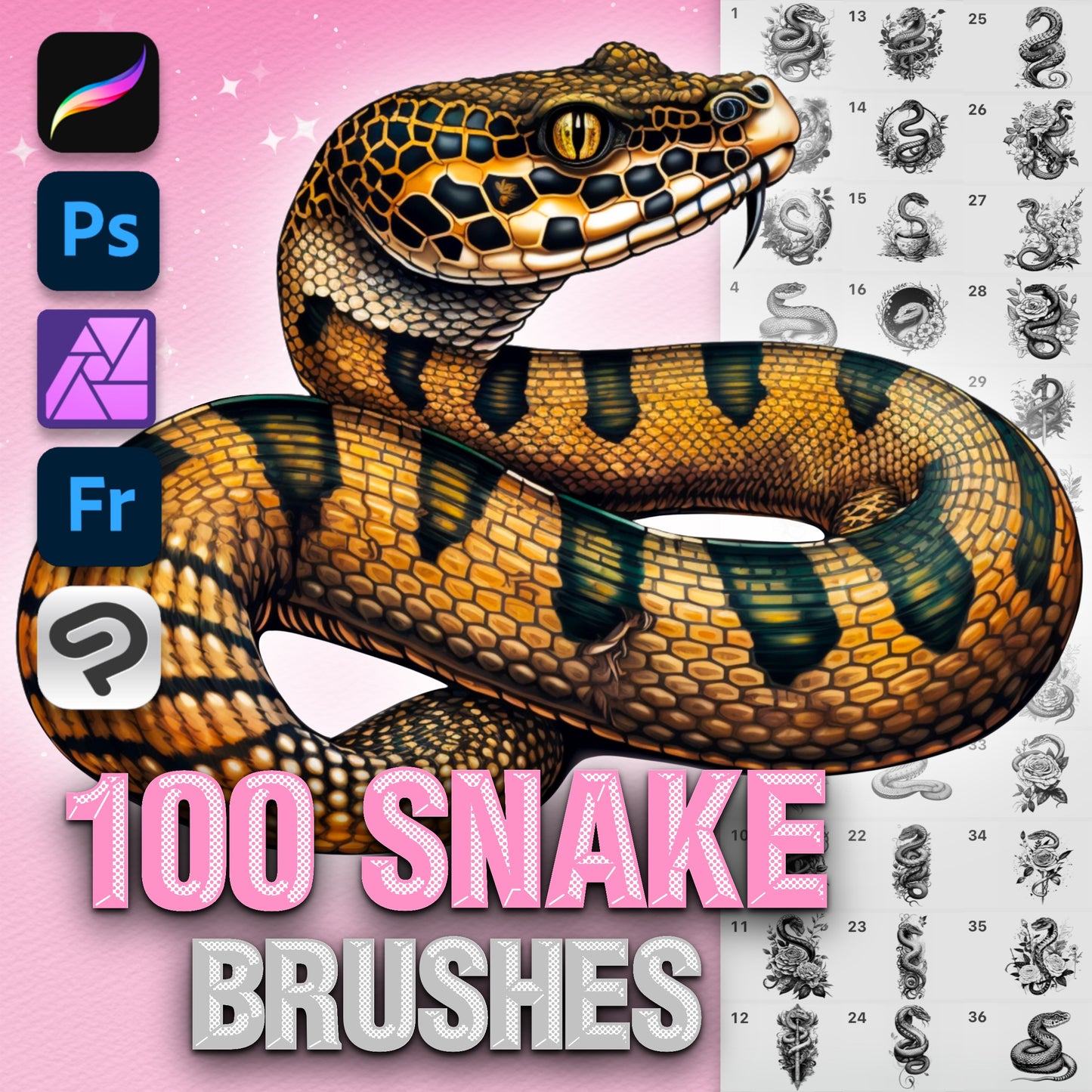 100 Tattoo & Snake Brushes for Procreate & Photoshop – Realistic Animal Set