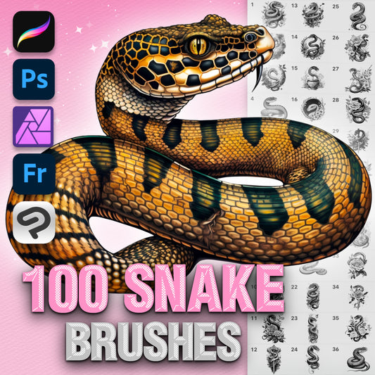100 Tattoo & Snake Brushes for Procreate & Photoshop – Realistic Animal Set