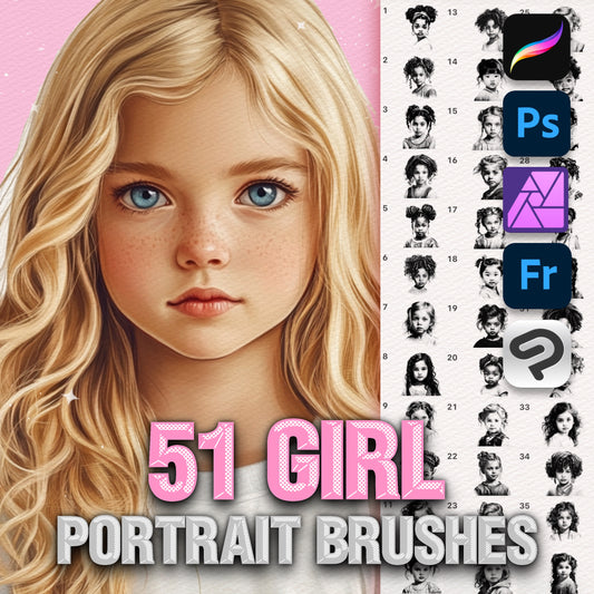 51 Girl & Chibi Portrait Brushes for Procreate & Photoshop – Cute Female Set