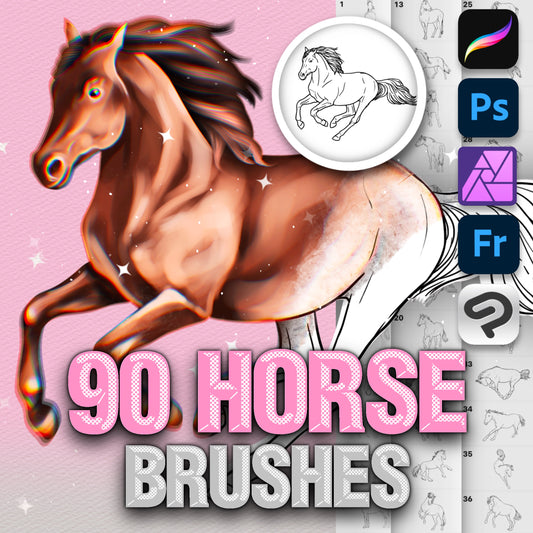 90 Horse, Pony & Unicorn Brushes for Procreate, Photoshop & Clip Studio