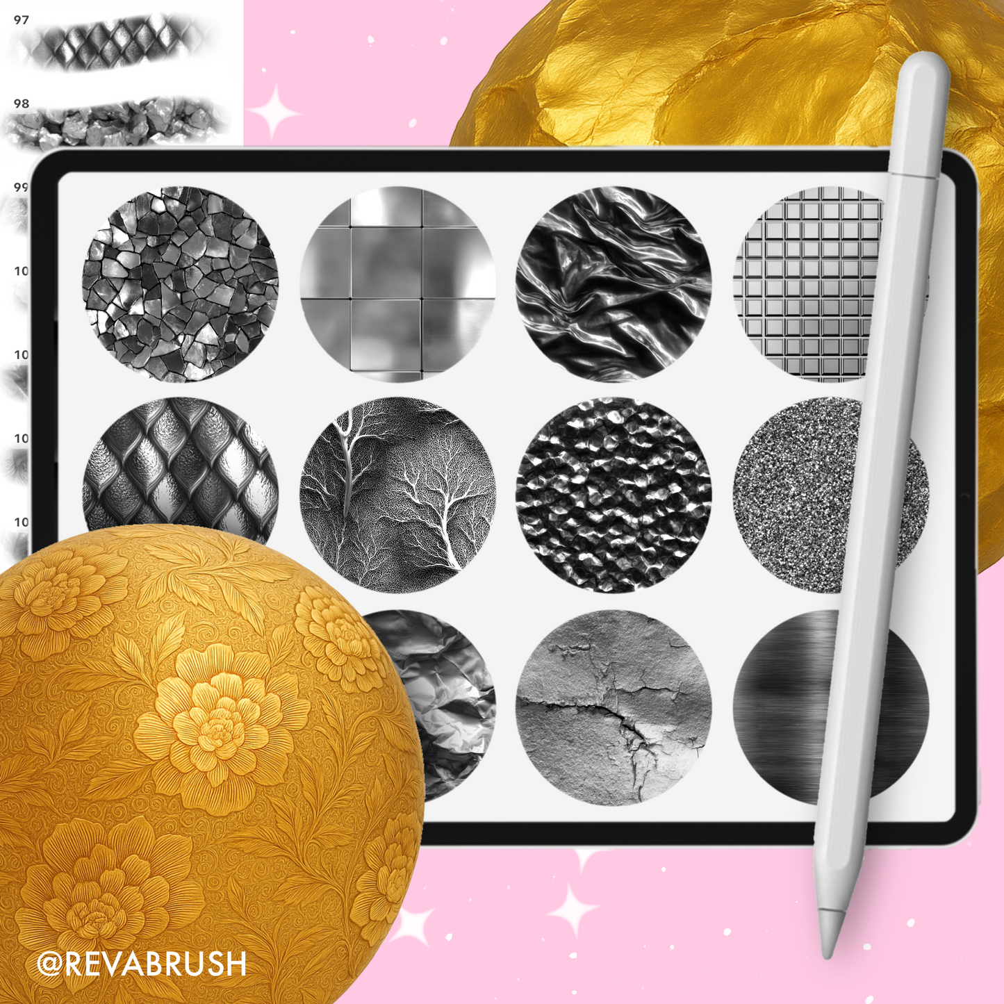 245 Gold Texture Brushes – Procreate, Photoshop & More